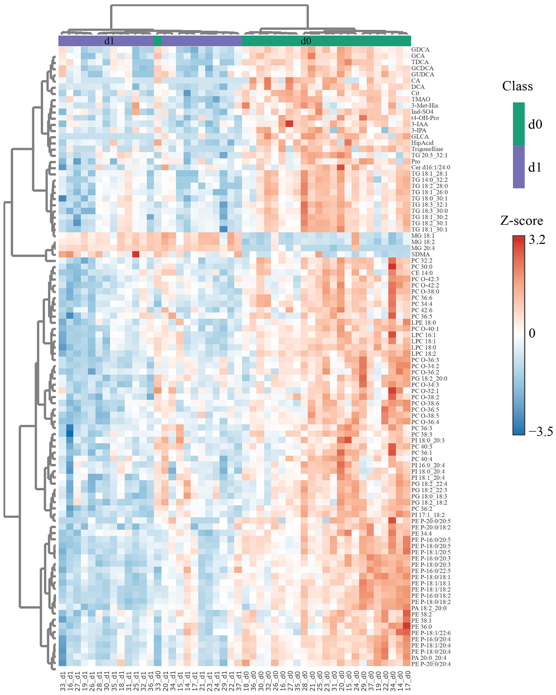 Clustered heatmap showing gene expression data with a color scale indicating Z-scores from -3.5 (blue) to 3.2 (red). Classes are labeled as d0 (green) and d1 (purple). Vertical and horizontal dendrograms represent clustering.