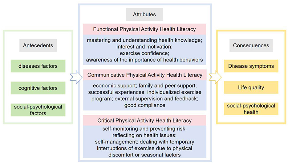Diagram illustrating the concept of Physical Activity Health Literacy. Three main sections: Antecedents, Attributes, and Consequences. Antecedents include disease factors, cognitive factors, and social-psychological factors. Attributes are divided into Functional, Communicative, and Critical Health Literacy, each with specific components like mastering health knowledge and self-management. Consequences cover disease symptoms, life quality, and social-psychological health.
