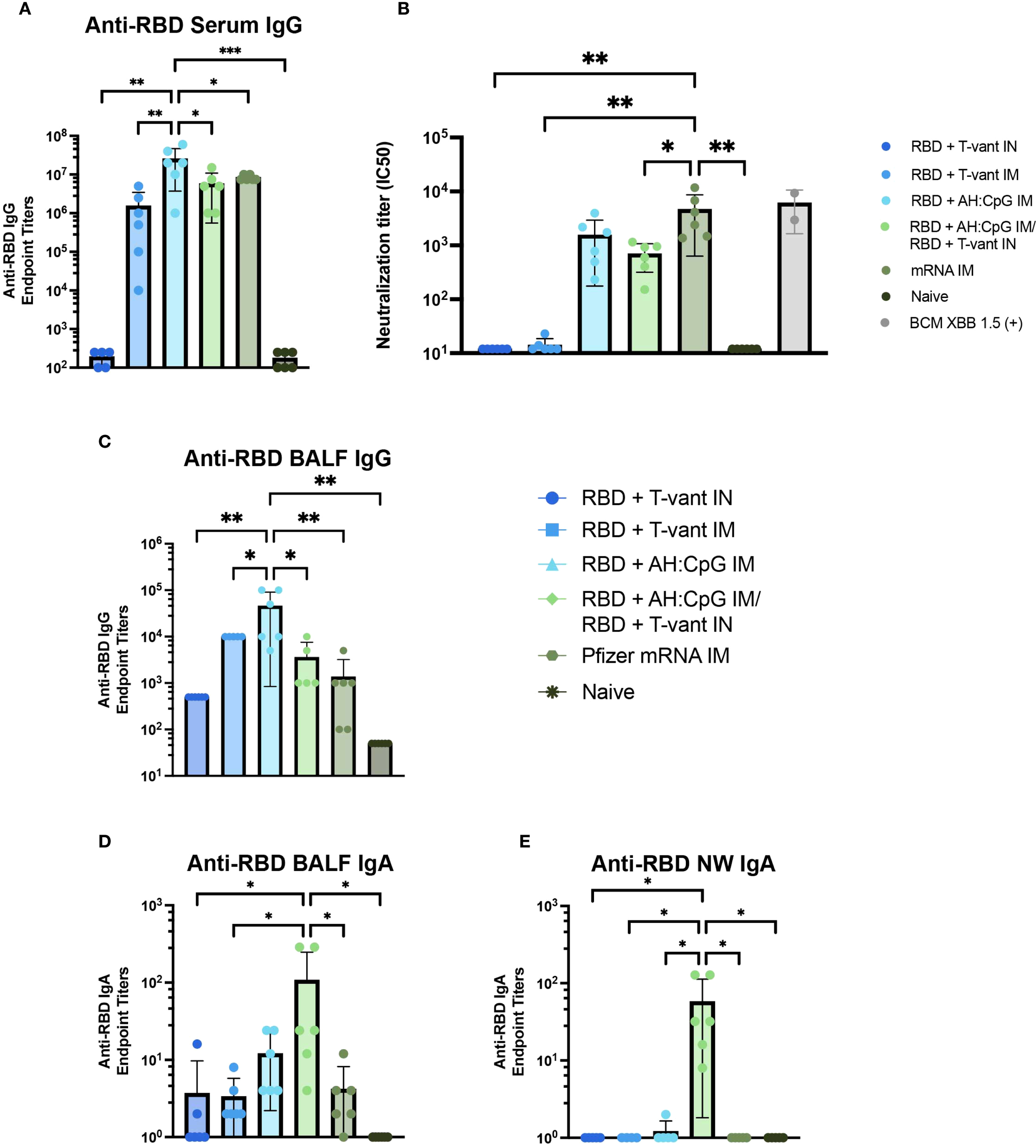 Bar graphs illustrate various immunological responses to different vaccination strategies. Graphs A to E depict anti-RBD serum IgG, neutralization titer (IC50), anti-RBD BALF IgG, anti-RBD BALF IgA, and anti-RBD NW IgA respectively. Each graph compares groups treated with different vaccine formulations, including RBD with various adjuvants and the Pfizer mRNA vaccine, versus a naïve group. Statistical significance is indicated by asterisks denoting p-values. Error bars represent variability, and data points are marked for each group.