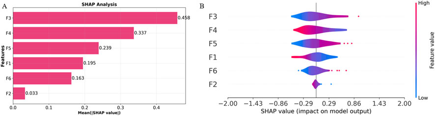Bar chart and beeswarm plot showing SHAP analysis for six features, labeled F1 to F6. Chart A displays mean SHAP values, with F3 and F4 having the highest impact. Plot B shows SHAP value distributions with colors indicating feature values from low (blue) to high (red).