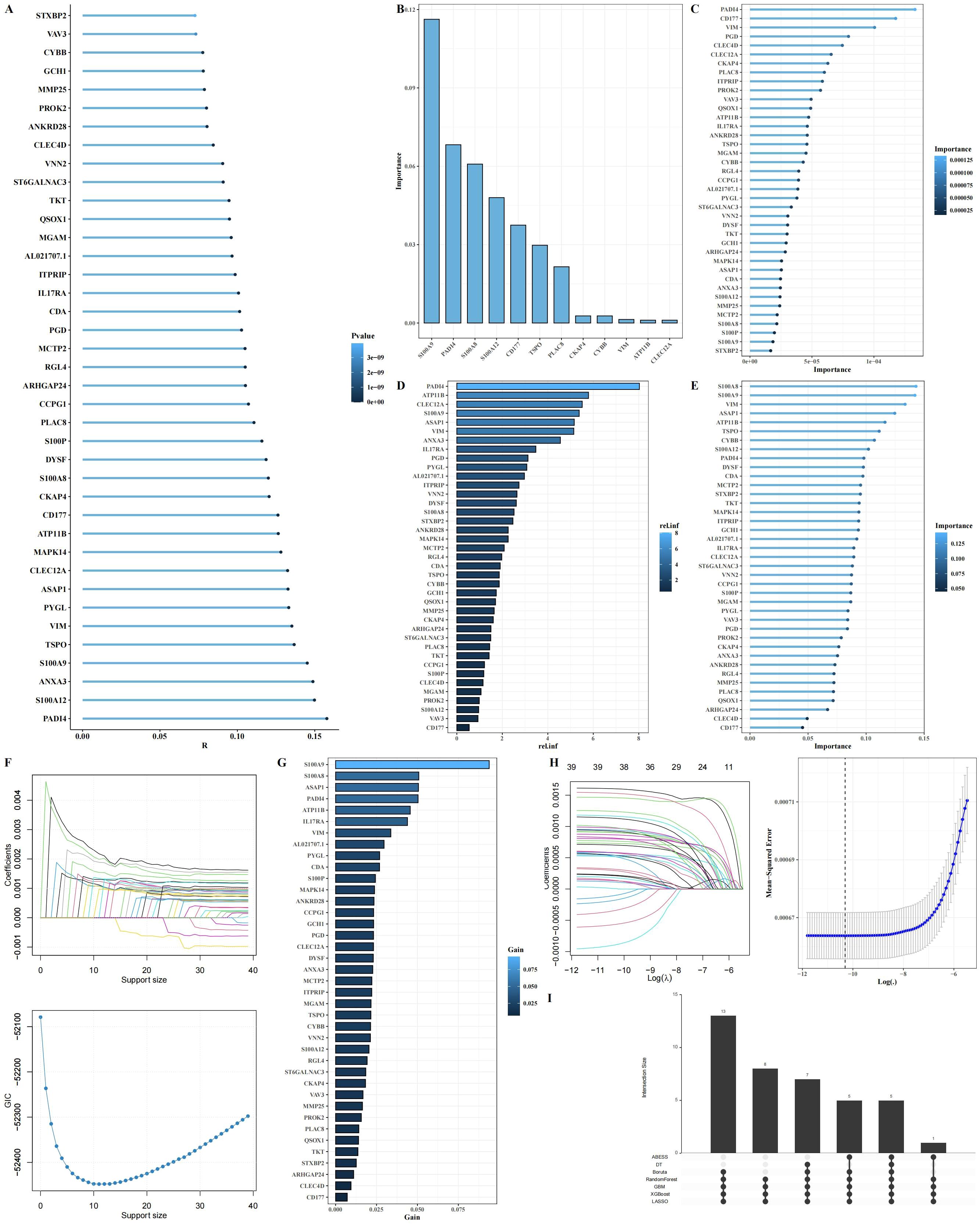 Multiple data visualizations are shown, including several bar charts and line graphs. Panels A, C, D, and E display bar charts of feature importance measured on various scales, with labels like “SYNGR1” and “PDIA6.” Graphs in panels F and H illustrate cross-validation errors versus support size and log-scale metrics. Panel B is a bar chart detailing feature importance, while panel G shows a bar graph labeled “Gain.” Panel I is a bar chart with distinct markers below each bar, possibly representing data points or categories. Each panel varies in style and metrics presented.