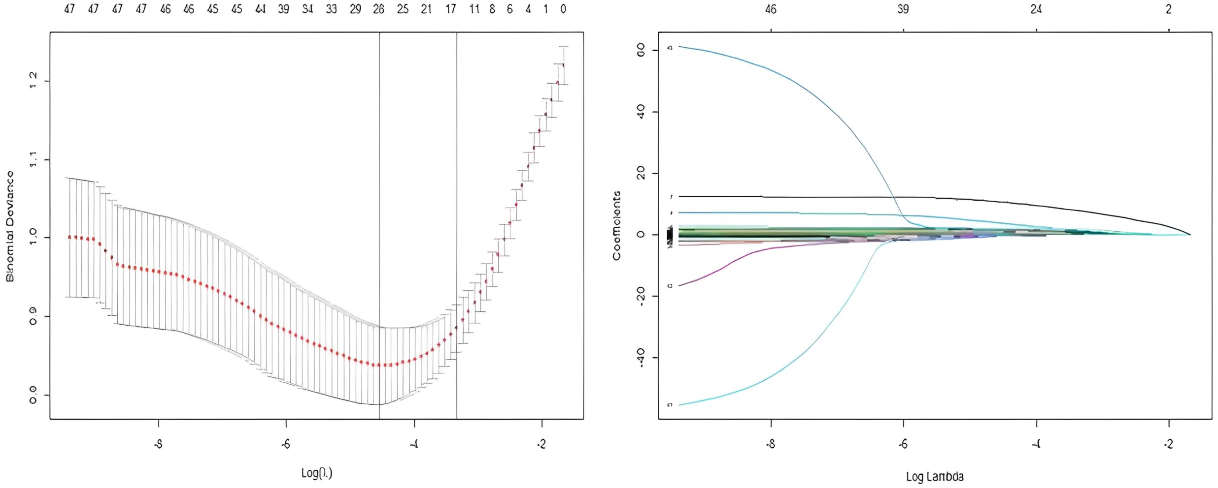 Left plot is a line graph showing binomial deviance versus logarithm of lambda. The plot displays a U-shaped curve with error bars, indicating the best lambda minimization. Right plot is a line graph showing coefficients versus log lambda, with multiple colored lines representing different coefficients converging to zero as lambda increases.