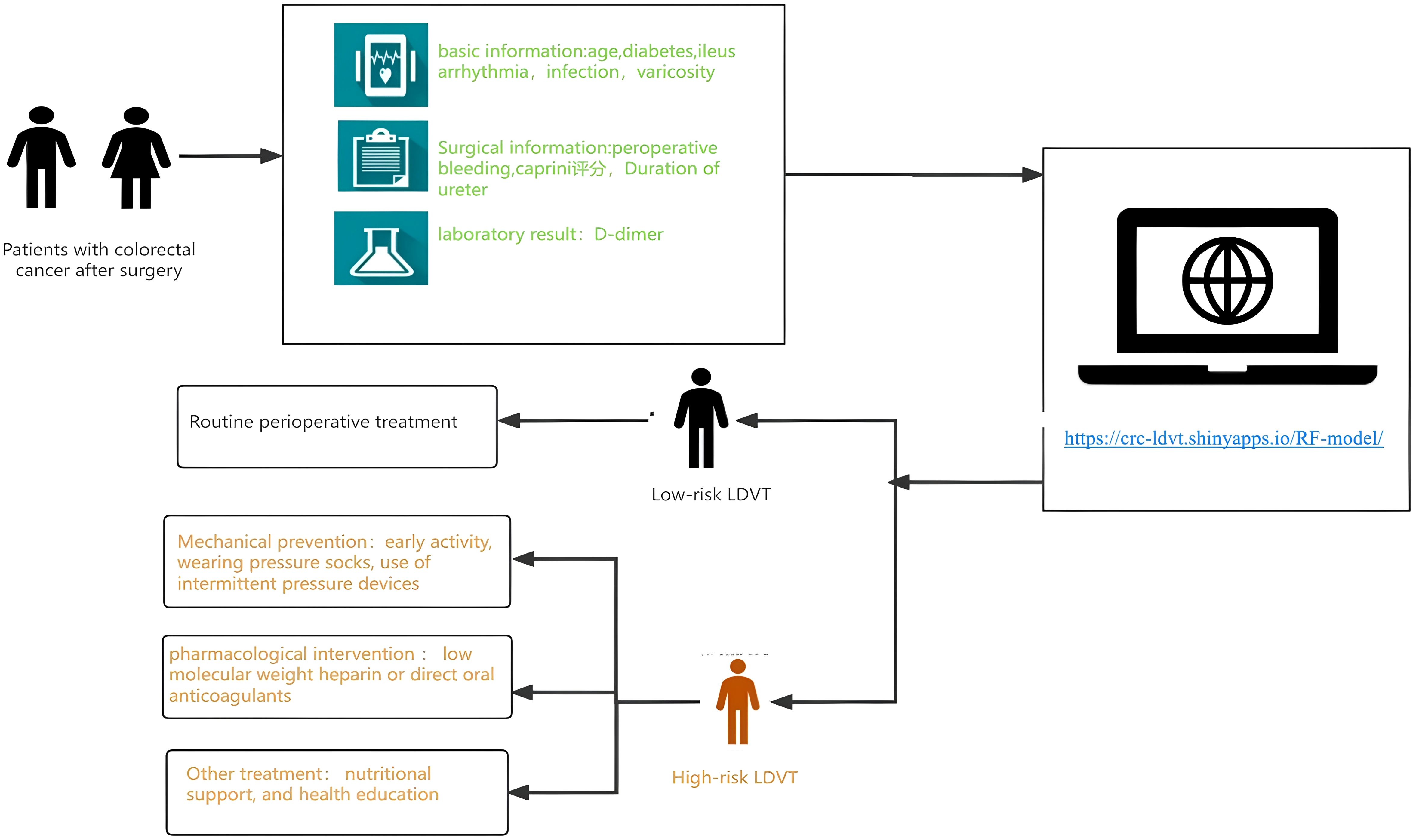 Flowchart illustrating postoperative management for colorectal cancer patients. It includes patient information, surgical details, and laboratory results sent online for LDVT risk assessment. Low-risk patients receive routine treatment, while high-risk patients receive additional mechanical, pharmacological, and nutritional interventions.