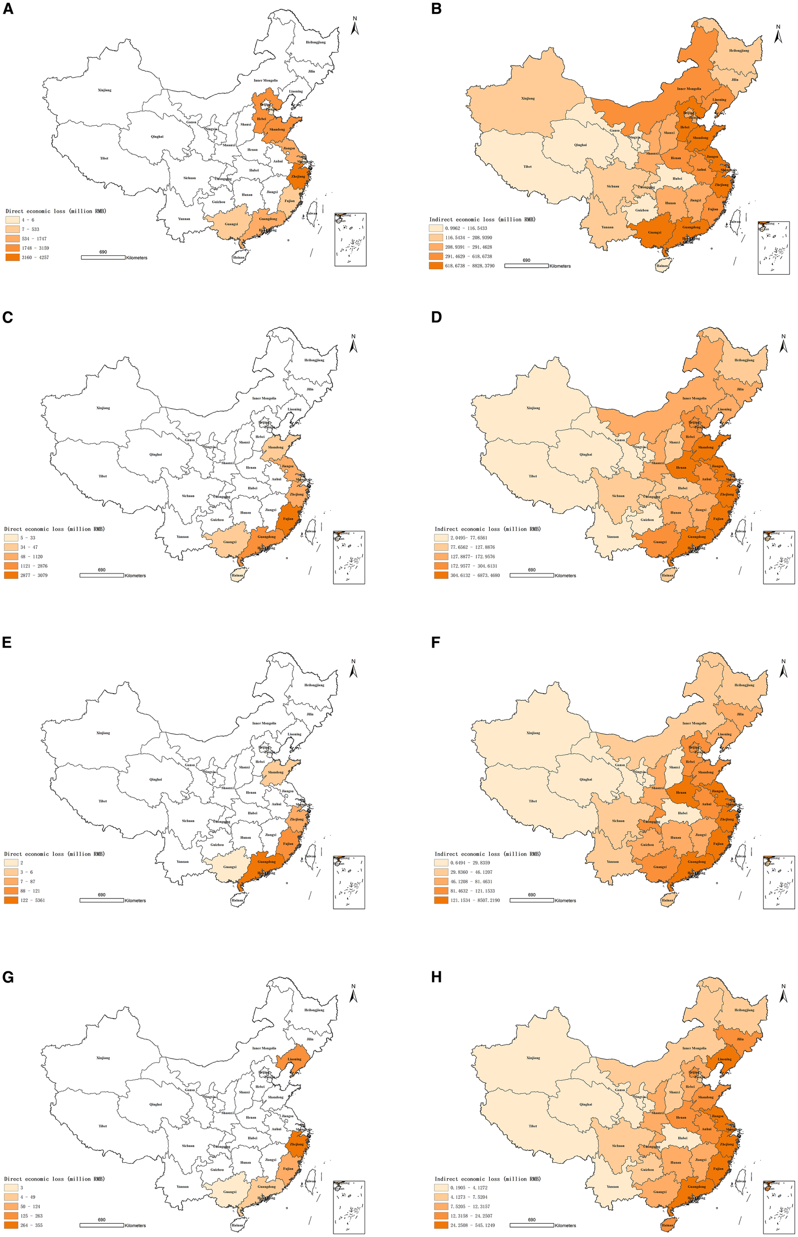 Eight maps of China showing regional economic losses due to storm surge events, categorized into direct (A, C, E, G) and indirect (B, D, F, H) losses, with shading indicating severity levels. The shading ranges from light to dark orange, representing increasing loss in million RMB. Each panel illustrates a different storm surge event, highlighting affected provinces along coastal and inland regions. The scale bar and legend are included for reference.