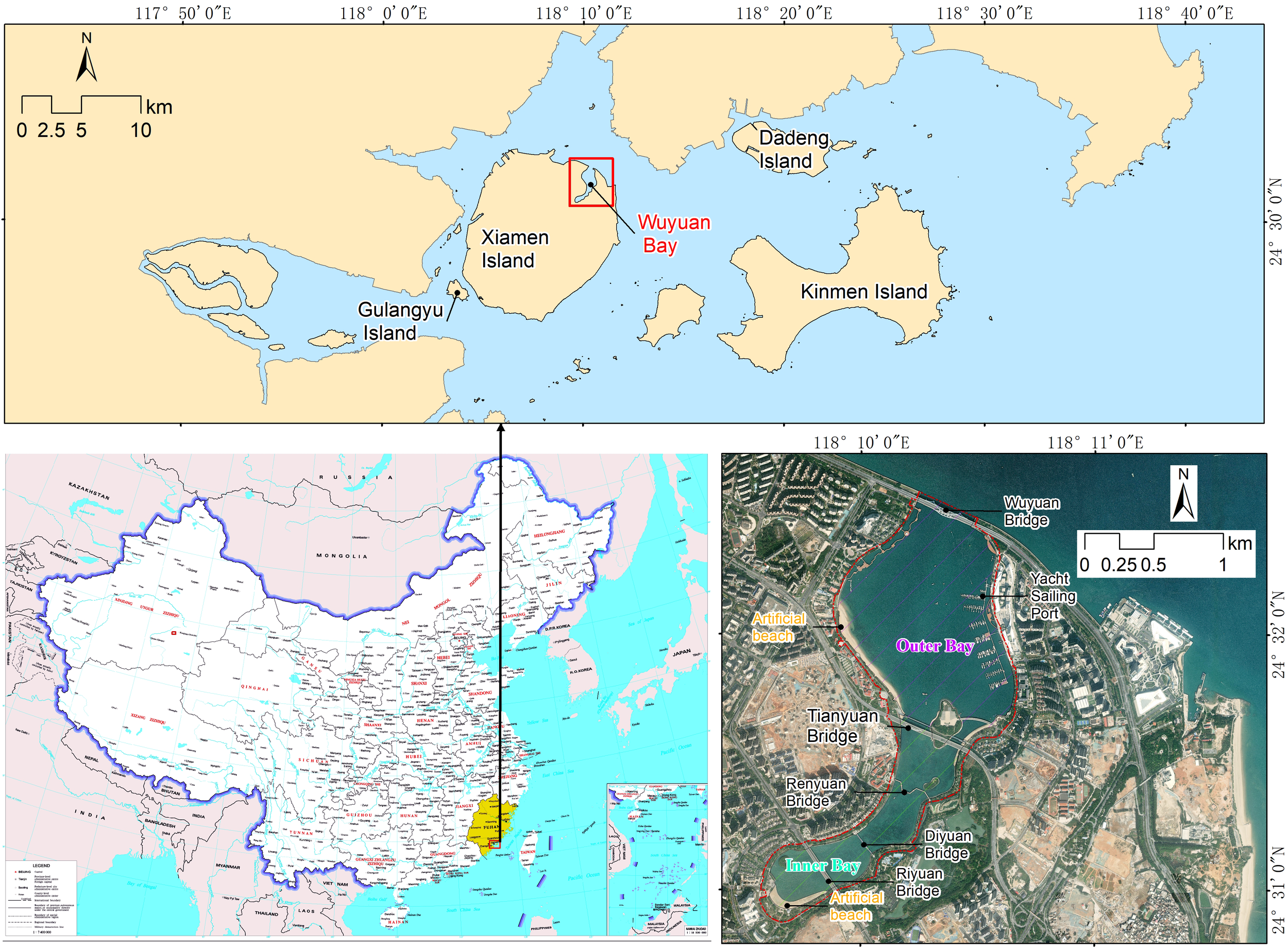 Three images depict geographic information. The top image shows a map with Xiamen Island, Gulangyu Island, Dadeng Island, and Kinmen Island, highlighting Wuyuan Bay. The bottom left image displays a map of China with an emphasis on the location of Wuyuan Bay in Fujian province. The bottom right image is a satellite view of Wuyuan Bay, detailing locations like the Yacht Sailing Port, Wuyuan Bridge, Tianyuan Bridge, and various artificial beaches.
