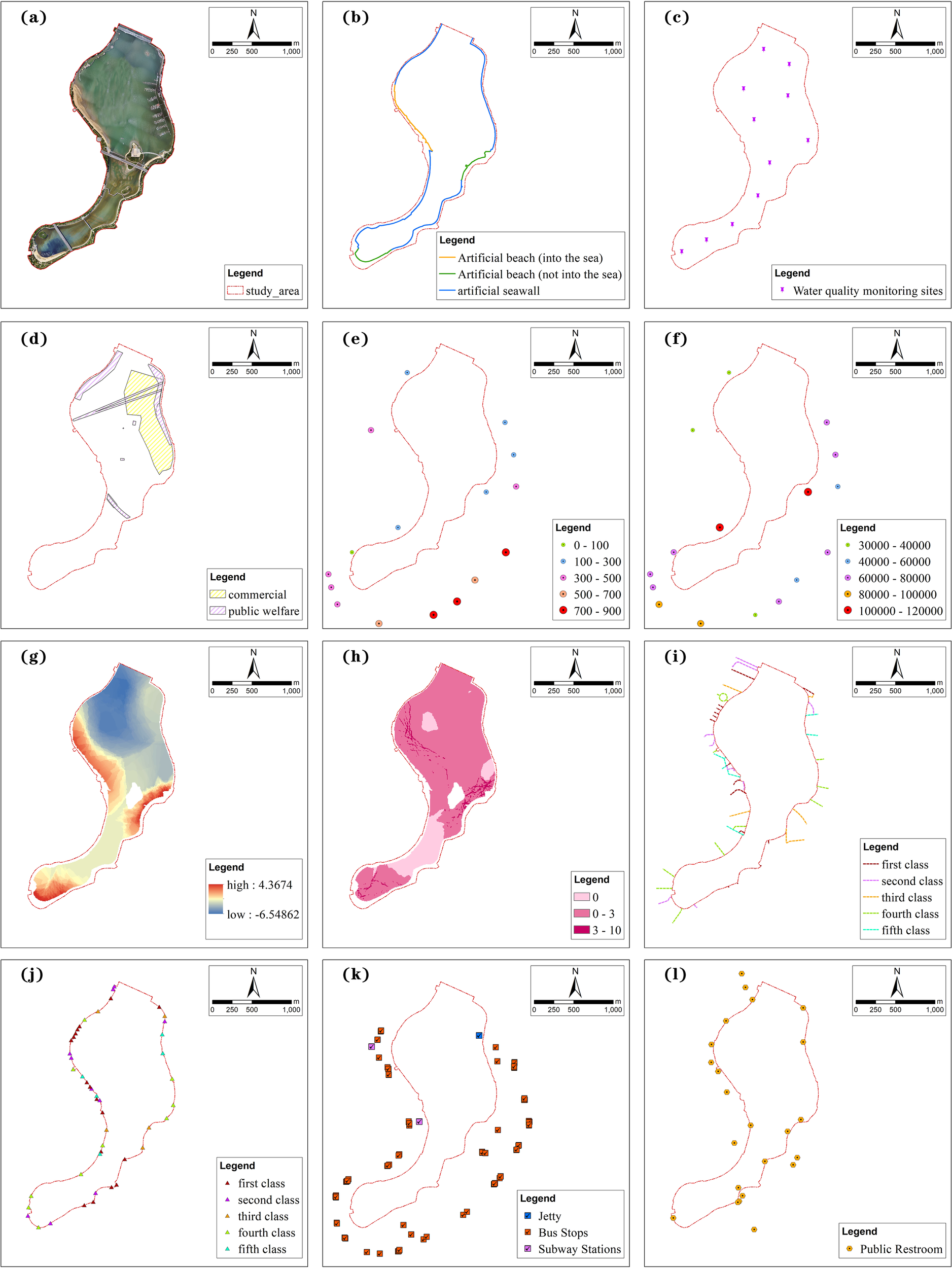 Twelve-panel infographic depicting various geographical and infrastructural data of an area. Panel (a) shows the study area. Panel (b) illustrates artificial beaches and seawalls. Panel (c) marks water quality monitoring sites. Panel (d) highlights commercial and public welfare zones. Panel (e) indicates population density from zero to nine hundred. Panel (f) presents population density from thirty thousand to one hundred twenty thousand. Panel (g) displays topographical elevation. Panel (h) shows risk zones with values from zero to ten. Panel (i) classifies roads by quality. Panel (j) distinguishes road classes. Panel (k) marks transportation facilities like jetties and stations. Panel (l) identifies public restrooms.