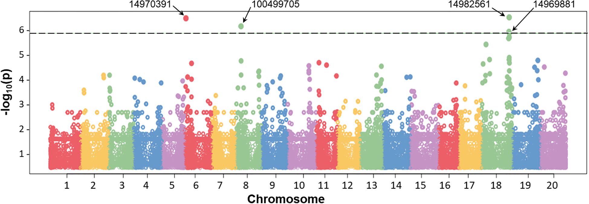 Manhattan plot showing genetic data across 20 chromosomes. Each point represents a genetic variant, and the y-axis shows the negative logarithm of the p-value. Highlighted variants exceed the significance threshold, indicated by numbers like 14970391 and 14969881. Chromosomes are color-coded, with a dashed line marking a significance level at y=6.