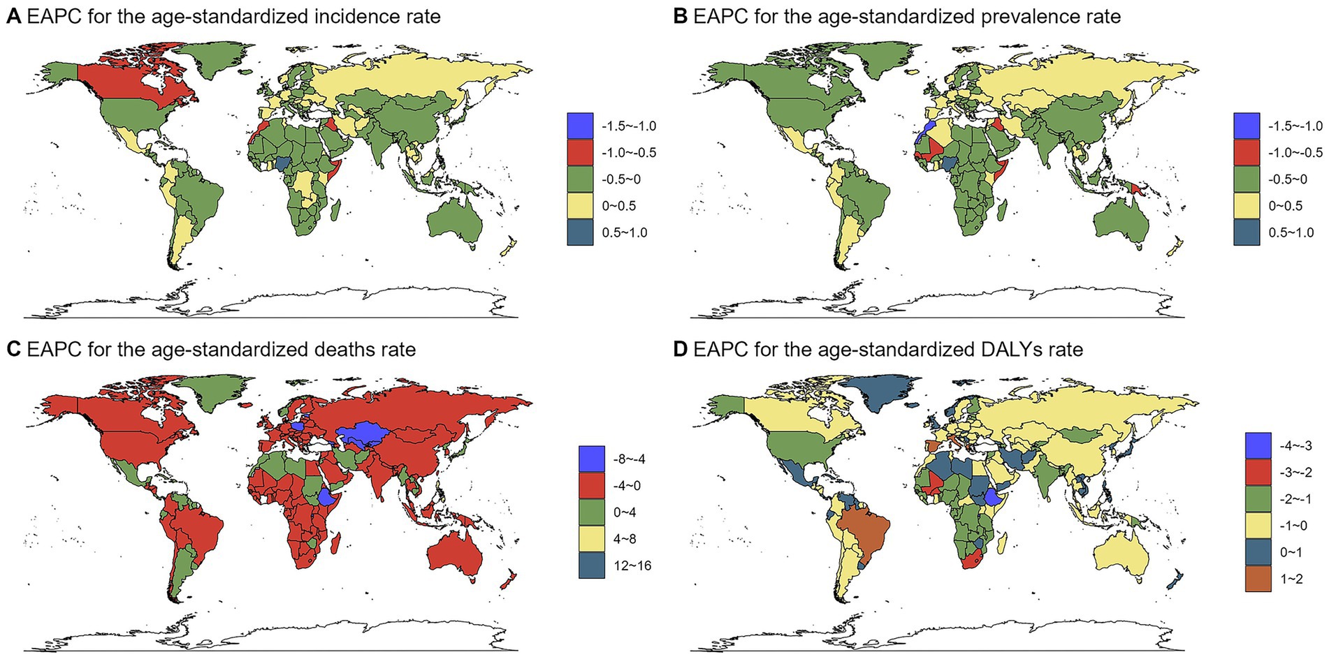Four world maps display the Estimated Annual Percent Change (EAPC) for various age-standardized rates: A) incidence, B) prevalence, C) deaths, and D) Disability-Adjusted Life Years (DALYs). Color codes represent different rates of change: blue for negative, red for slightly negative, green for neutral, yellow for slightly positive, and grey for positive. Each map highlights regional variations in these rates, showcasing different impacts across global regions. Legends specify value ranges corresponding to each color.