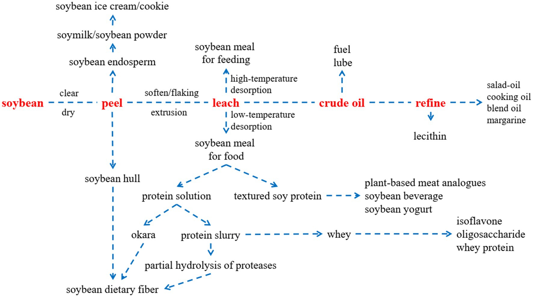 Flowchart illustrating soybean processing into various products. Starts with