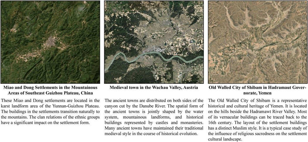 Three satellite images with detailed descriptions. The first depicts Miao and Dong settlements in Southeast Guizhou Plateau, China, showcasing natural landscape adaptations. The second shows a medieval town in the Wachau Valley, Austria, illustrating the influence of the Danube River and historical architecture. The third displays the Old Walled City of Shibam in Yemen, highlighting Islamic architectural style and historical significance.