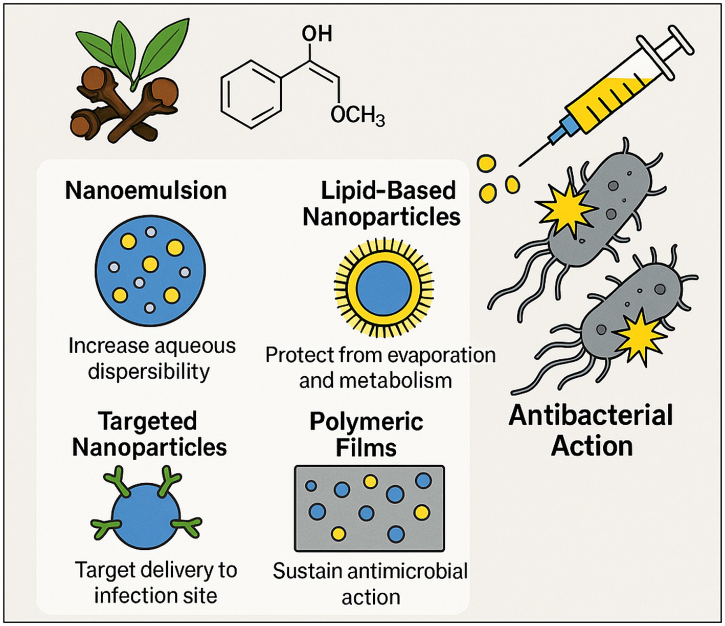 Illustration depicting antibacterial action using different delivery methods. Includes plant leaves and a chemical structure above a syringe targeting bacteria. Shows nanoemulsion, lipid-based nanoparticles, targeted nanoparticles, and polymeric films with corresponding benefits: increased dispersibility, protection from evaporation, targeted delivery, and sustained antimicrobial action.