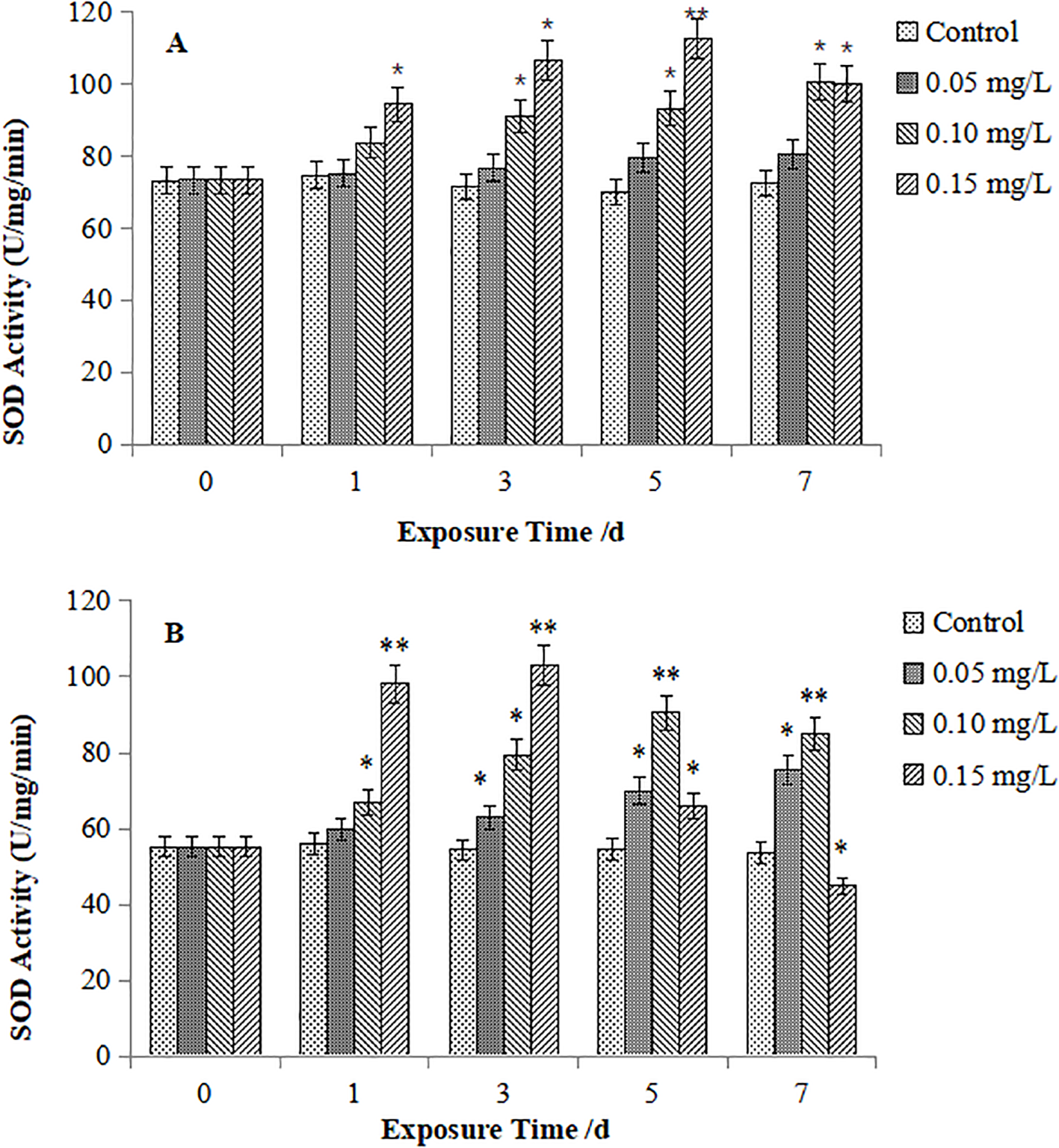 Bar charts titled A and B show SOD activity (expressed as units per milligram per minute) over exposure times of 0, 1, 3, 5, and 7 days. Each chart compares four concentrations: control, 0.05 mg/L, 0.10 mg/L, and 0.15 mg/L, with higher concentrations generally displaying increased SOD activity. Stars indicate statistical significance.