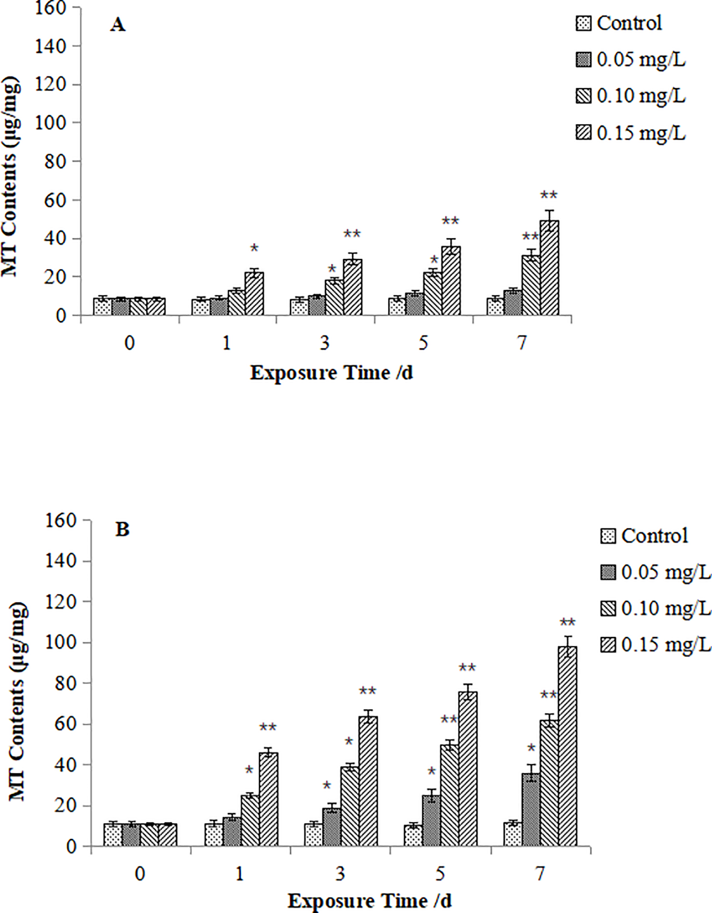 Bar charts labeled A and B show MDA contents (nmol/mg) over 7 days at different concentrations: Control, 0.05, 0.10, and 0.15 mg/L. Both charts reveal rising MDA levels with concentration and time, with significant increases from day 3 onwards, marked by asterisks.