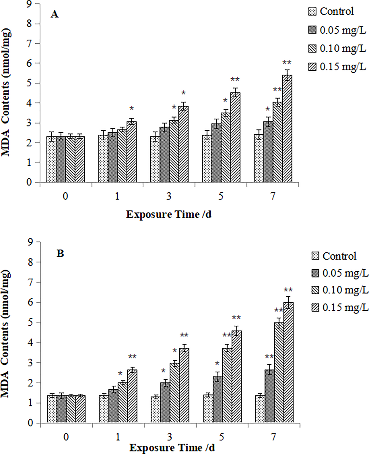 Bar charts labeled A and B display MT contents (micrograms per milligram) over exposure times from zero to seven days. Both charts compare control and three treatment groups: 0.05 mg/L, 0.10 mg/L, and 0.15 mg/L. MT levels rise with increased exposure. Significant differences are marked with asterisks. The 0.15 mg/L group shows the highest values at day seven in both charts.