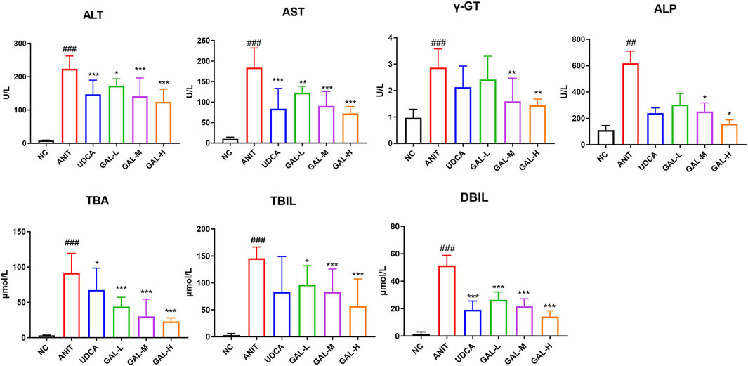 Bar graphs display enzyme and bile acid levels across different treatments: NC, ANIT, UDCA, GAL-L, GAL-M, and GAL-H. Metrics include ALT, AST, gamma-GT, ALP, TBA, TBIL, and DBIL. ANIT shows highest elevation in all categories, while other treatments vary in effectiveness, with significant differences marked by asterisks.