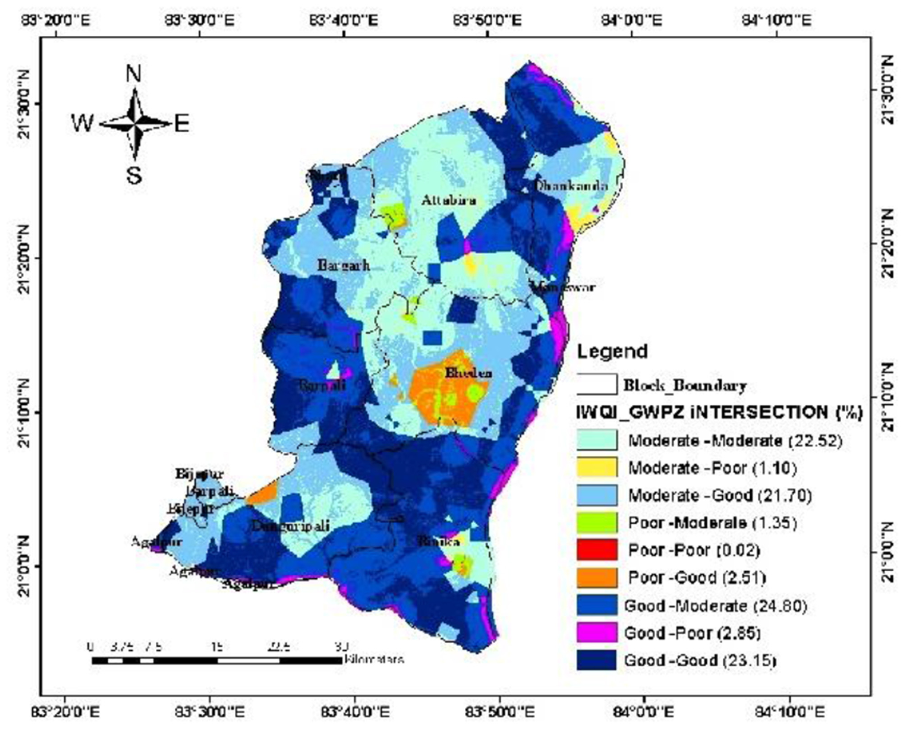 Map showing the intersection of IWQI and GWPZ levels in various colors across a geographical region, marked with block boundaries. A legend indicates different water quality classifications, ranging from “Moderate-Moderate” to “Good-Good,” each with corresponding colors and percentages. The map includes compass directions and a scale bar for reference.