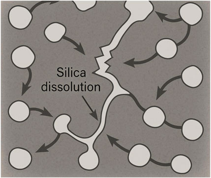 Diagram illustrating silica dissolution, featuring interconnected circular shapes with arrows indicating movement. A central jagged line represents the process of dissolution, highlighting the transformation and interaction of silica particles.