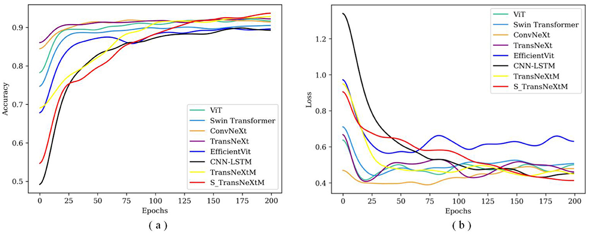 Two line graphs depict model performance. Graph (a) shows accuracy over 200 epochs for various models, with fluctuations stabilizing around 0.9. Graph (b) shows loss decrease over the same epochs, with loss values leveling out around 0.3. Different models are color-coded in the legend.