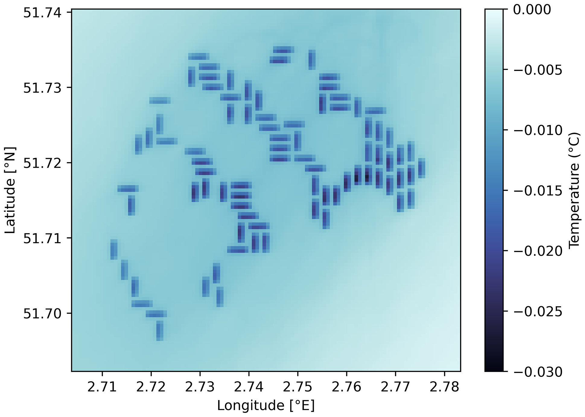 Map showing temperature variations in a region with latitude from 51.70 to 51.74 degrees north and longitude from 2.71 to 2.78 degrees east. Shades of blue indicate temperature gradients from 0 to -0.03 degrees Celsius, with darker shades representing lower temperatures.