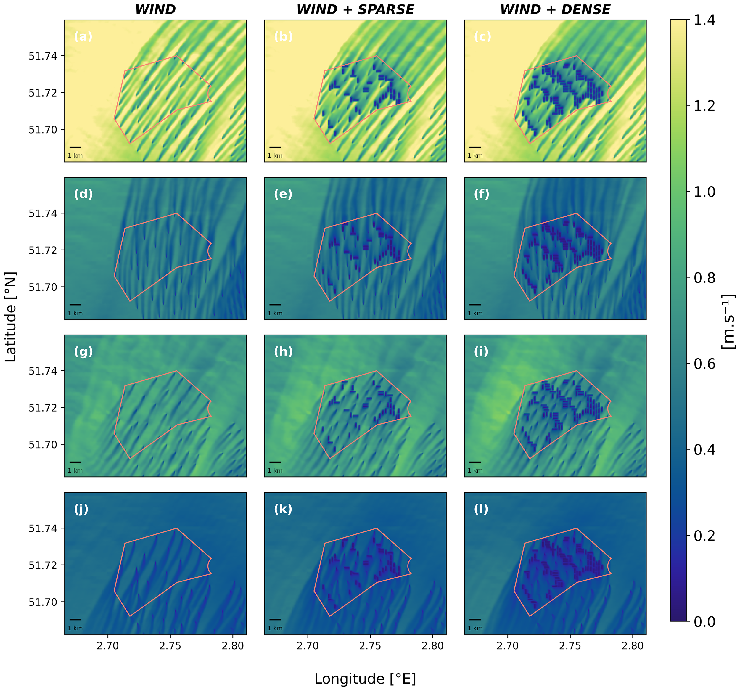 Twelve-panel visual representation of wind patterns and vegetation density. Panels (a) to (c) are titled “WIND”, “WIND + SPARSE”, and “WIND + DENSE” respectively. Panels (d) to (l) follow the same pattern, showing varying wind speeds and vegetation densities, indicated by color changes from yellow to blue. Each panel includes a pink overlay outline and coordinate grid, representing different vegetation density scenarios in relation to wind speed, demonstrated through the color gradient scale on the right. A scale bar denotes a distance of one kilometer.