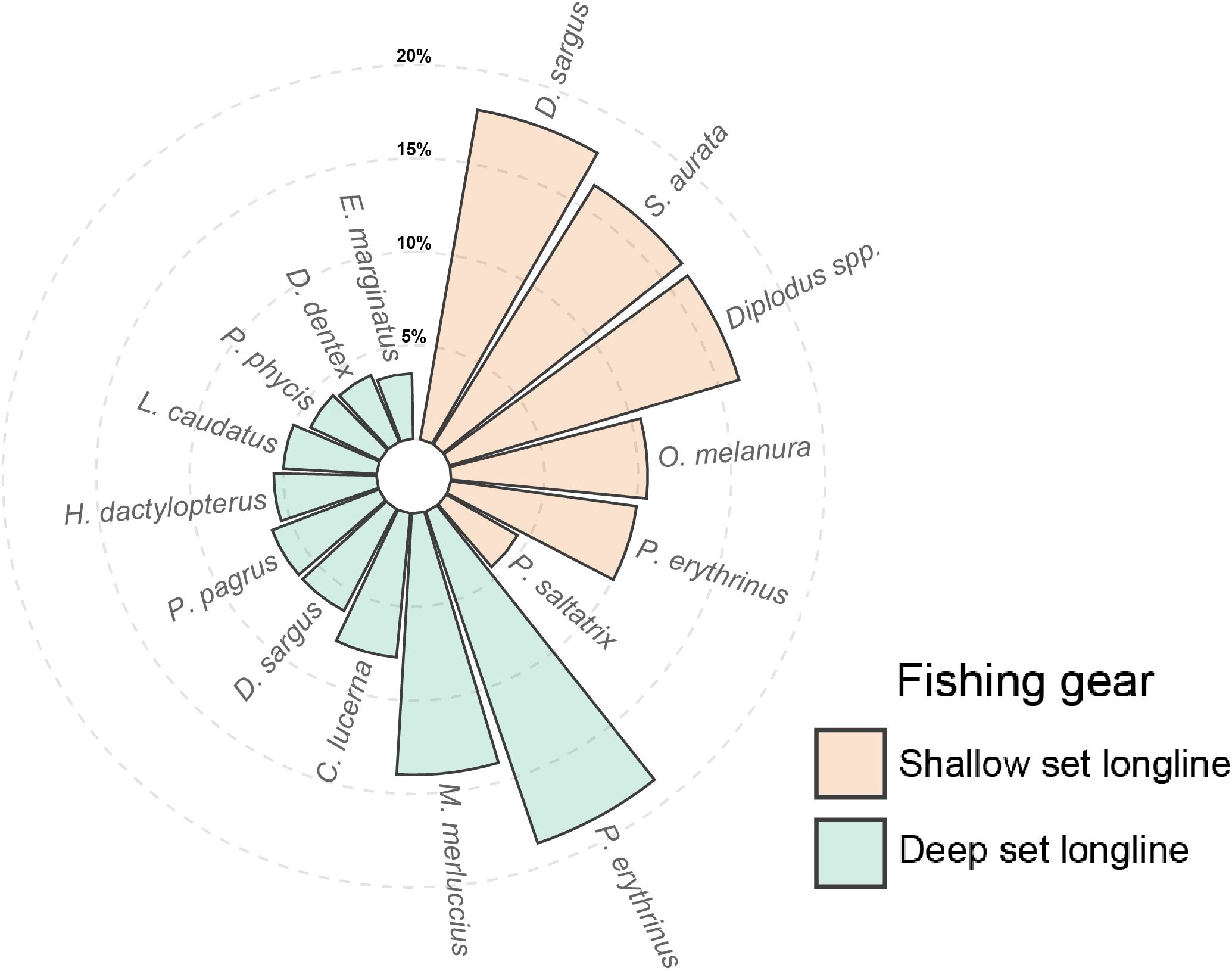 Radar chart displaying fish species caught by two types of fishing gear: shallow set longline (orange) and deep set longline (blue). Percentages on concentric circles indicate catch intensity.