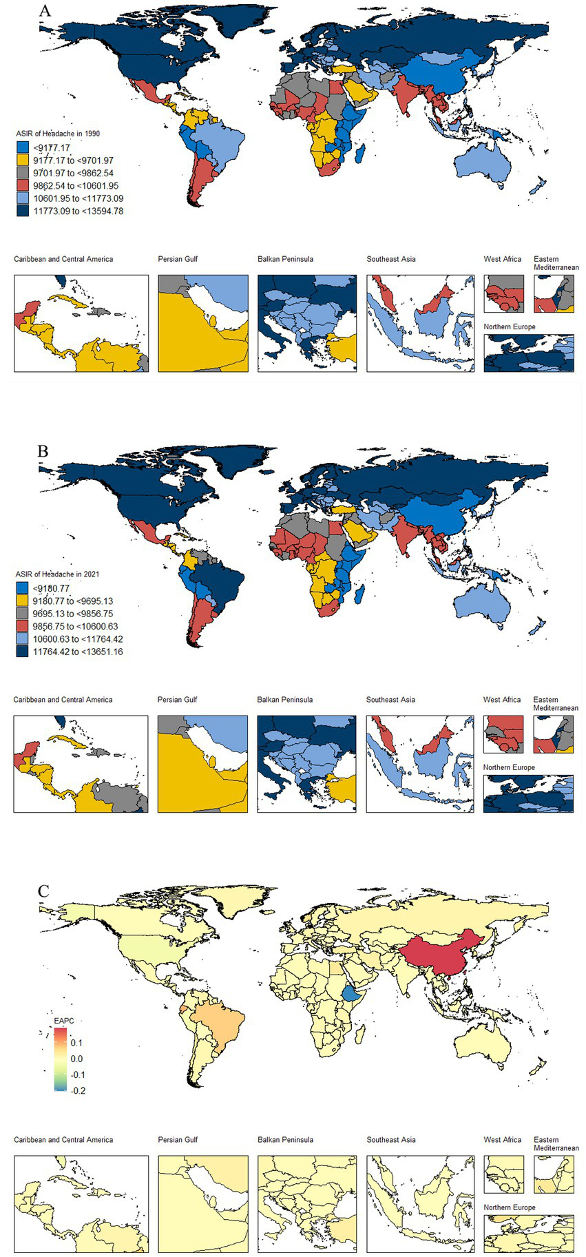 Three world maps display spatial data on headache prevalence and trends. Map A shows the 1990 Age-Standardized Incidence Rate (ASIR) of headaches, color-coded by incidence ranges. Map B illustrates the 2021 ASIR of headaches with similar color coding adjusted for updated data. Map C presents the Estimated Annual Percent Change (EAPC) in ASIR, with colors indicating changes from negative to positive growth. Insets highlight regional details for the Caribbean and Central America, Persian Gulf, Balkan Peninsula, Southeast Asia, West Africa, Eastern Mediterranean, and Northern Europe.