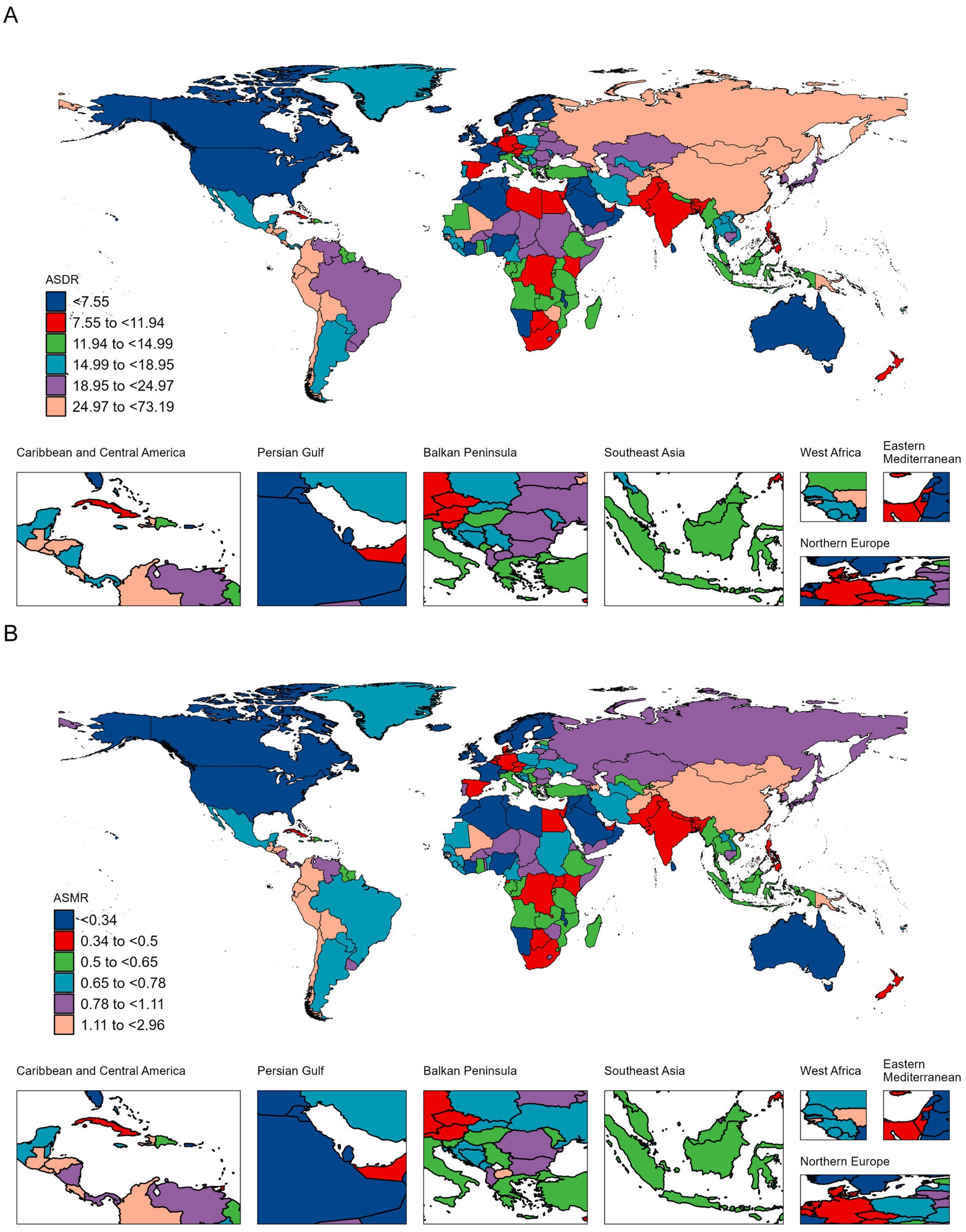 World maps depicting global data variations across different regions. Map A shows Age-Standardized Death Rates (ASDR), while Map B illustrates Age-Standardized Mortality Rates (ASMR). Both maps use color gradients to indicate data ranges. Insets provide detailed views of specific regions: Caribbean and Central America, Persian Gulf, Balkan Peninsula, Southeast Asia, West Africa, Eastern Mediterranean, and Northern Europe.