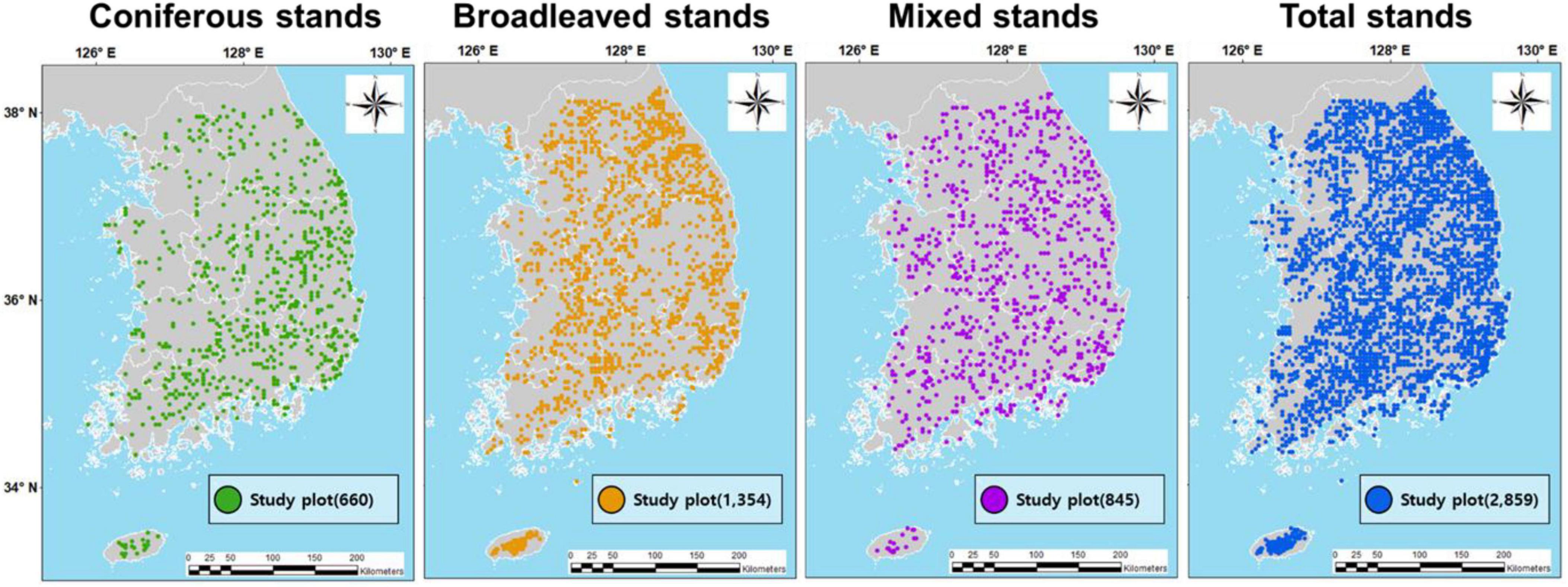 Maps comparing tree stand type distributions in South Korea. The first map shows 660 green plots for coniferous stands, the second 1,354 orange plots for broadleaved stands, the third 845 purple plots for mixed stands, and the fourth 2,859 blue plots for total stands. Each map has a north arrow and a scale bar.