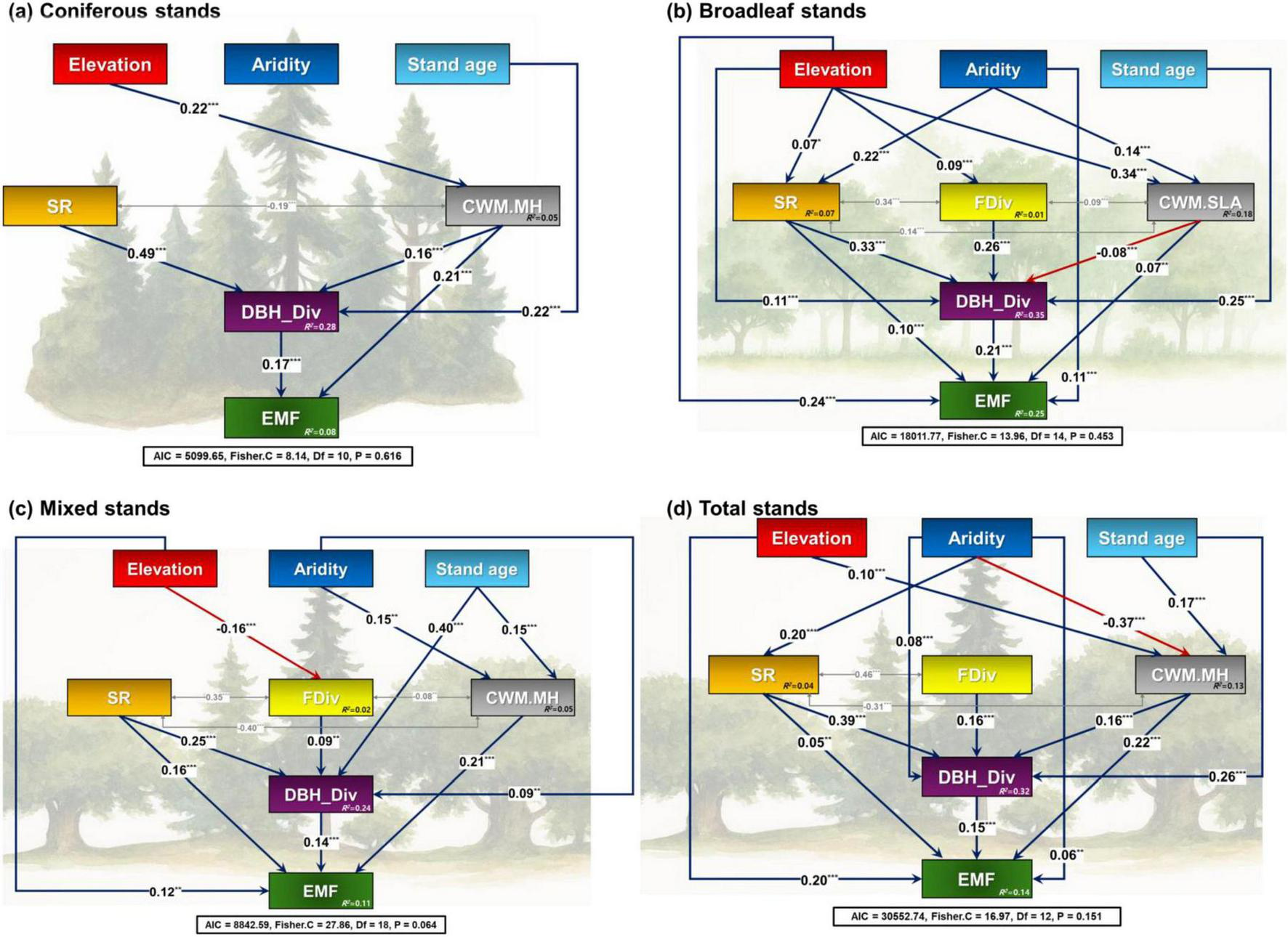 Four structural equation models representing different forest stand types: (a) Coniferous, (b) Broadleaf, (c) Mixed, and (d) Total stands. Each model shows relationships between variables: Elevation, Aridity, Stand age, Species Richness (SR), Functional divergence (FDiv), Community-Weighted Means (CWM.MH or CWM.SLA), Diameter at Breast Height Diversity (DBH_Div), and Ecosystem multifunctionality (EMF). Arrows indicate the direction and intensity of relationships, with thickness reflecting strength. Notations include standardized path coefficients and significance levels. Background features faint illustrations of forest trees.