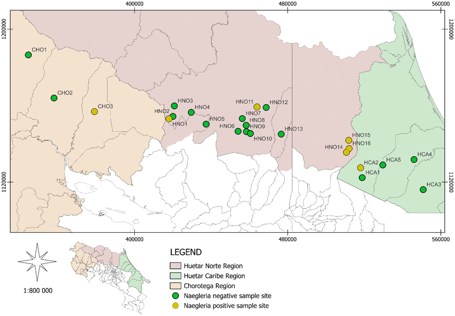 Map of Costa Rica showing sample sites for Naegleria across three regions: Huetar Norte, Huetar Caribe, and Chorotega. Green circles represent Naegleria negative sites, and yellow circles represent positive sites. A legend and scale bar are included.