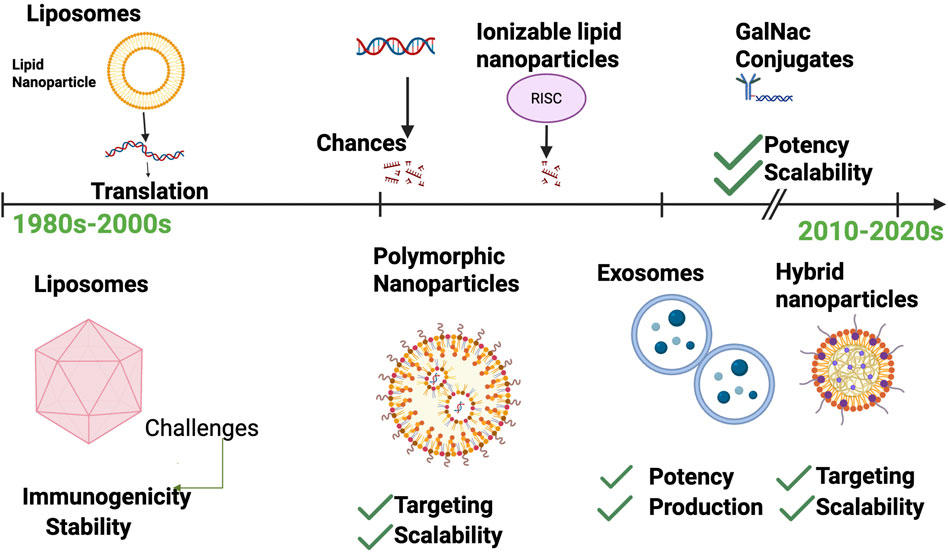 Timeline depicting the evolution of nanoparticle technologies from the 1980s to the 2020s. Initial liposomes faced challenges like immunogenicity and stability. Ionizable lipid nanoparticles emerged, enhancing targeting and scalability. GalNac conjugates offered potency and scalability. Latest developments include polymorphic nanoparticles, exosomes, and hybrid nanoparticles, improving targeting, potency, production, and scalability.