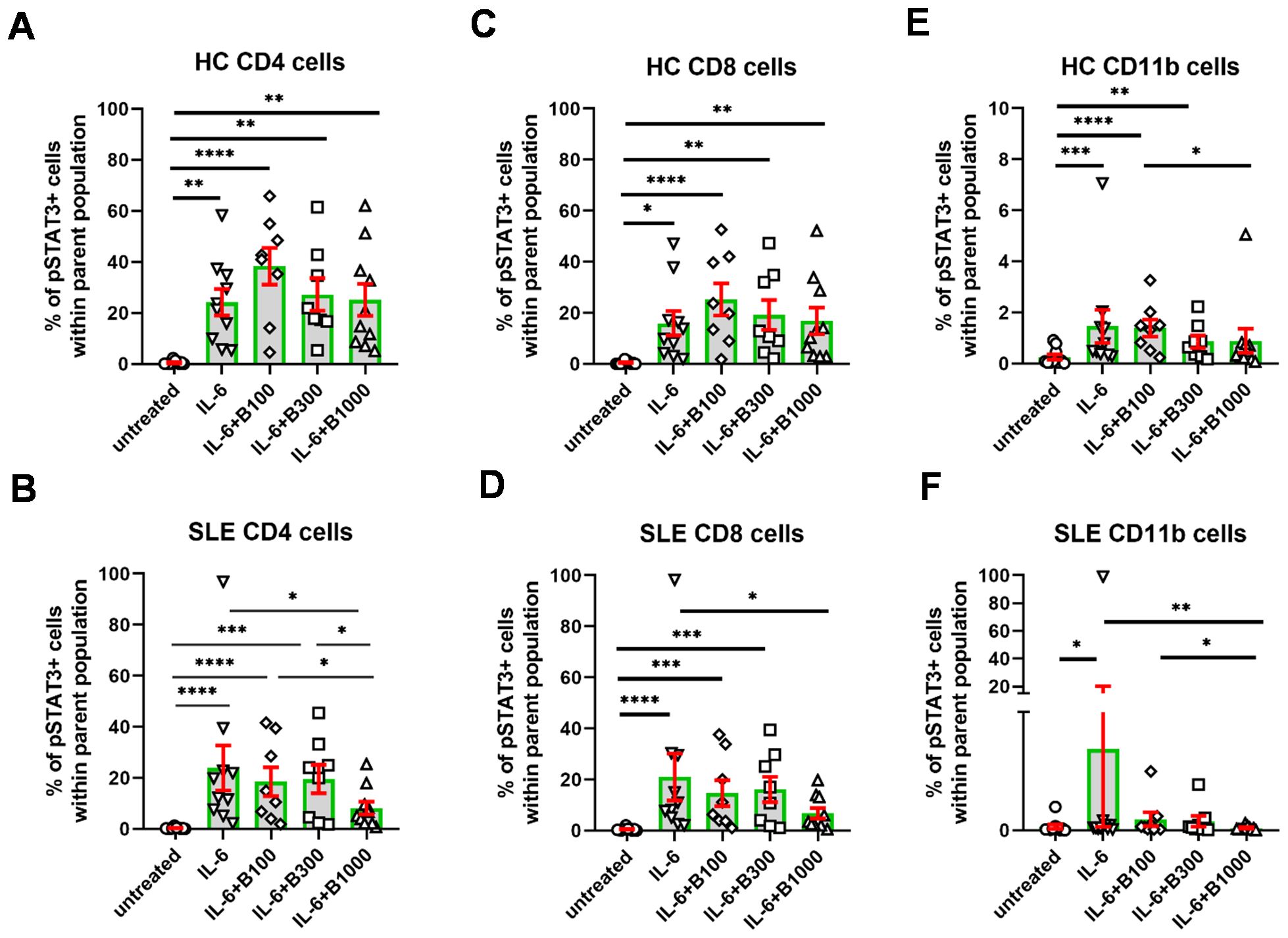 Bar graphs depict the percentage of pSTAT3+ cells within different parent populations under various treatments. Panels A, C, and E show data for healthy control (HC) CD4, CD8, and CD11b cells, respectively. Panels B, D, and F show data for systemic lupus erythematosus (SLE) CD4, CD8, and CD11b cells, respectively. Comparisons between untreated, IL-6, and IL-6 plus B100, B300, or B1000 treatments are illustrated, with significance levels indicated by asterisks.