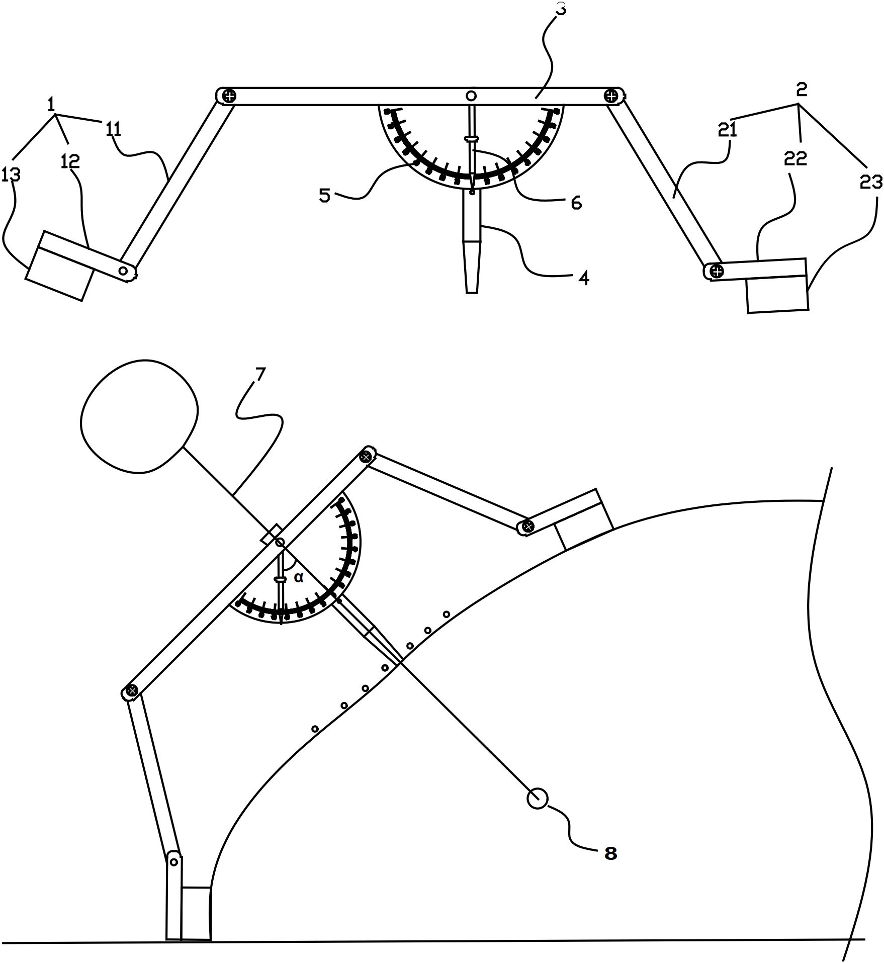 Mechanical diagram showing a device with articulated arms extending from a central frame. The device features labeled components, including 1, 2, 3, 4, indicating different parts. The top diagram shows the arms in a horizontal position, with a protractor labeled 5 and pointer labeled 6. The bottom diagram displays the device at an angle, with a curved surface, and features labeled 7 and 8, including a weight dangling from a line.