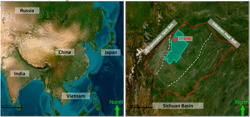 A satellite map is divided into two panels. The left panel displays parts of Asia, including Russia, China, India, Vietnam, and Japan, highlighting an area in central China with a red outline. The right panel zooms in on this region, showing the Longmenshan and Dabashan Fault Belts, the Sichuan Basin, and a marked