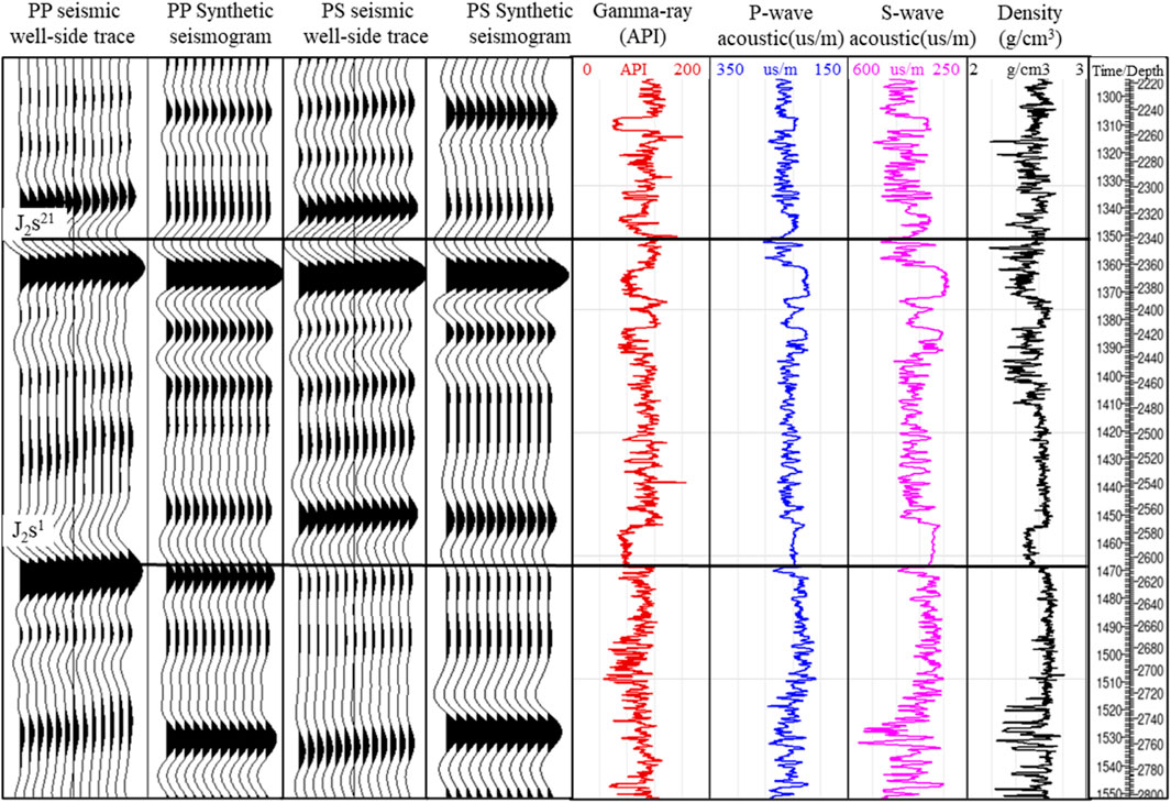 Seismic data panel showing columns with PP seismic well-side trace, PP synthetic seismogram, PS seismic well-side trace, and PS synthetic seismogram. Beside these are gamma-ray (API), P-wave and S-wave acoustic measurements, and density logs plotted against depth, indicating subsurface properties and rock characteristics.