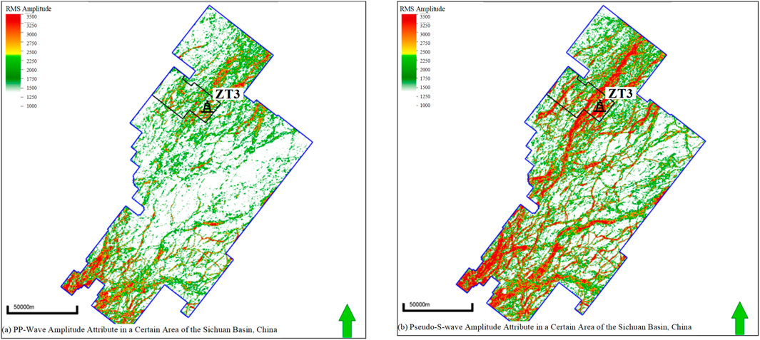 Two comparative maps of the Sichuan Basin in China illustrate wave amplitude attributes. The left map displays PP-wave amplitudes, while the right shows pseudo-S-wave amplitudes. Both maps use a color scale from green to red, indicating increasing RMS amplitude values. A marked square labeled “ZT3” is positioned similarly on both maps, highlighting a specific area. A scale bar of 50,000 meters is present at the bottom of each map, and a green arrow in the bottom right corner indicates north.
