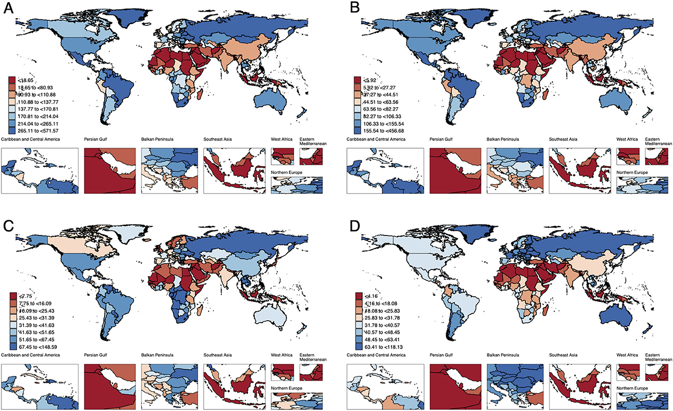 Four world maps labeled A, B, C, and D depict data visualizations with varying color gradients. Each map uses a different color scale, ranging from red to blue, representing numerical values in different regions. Insets highlight areas like the Caribbean, Persian Gulf, Balkan Peninsula, Southeast Asia, West Africa, Eastern Mediterranean, and Northern Europe. Each map features a corresponding legend indicating specific value ranges. The geographical focus varies slightly, emphasizing different regions in each section.