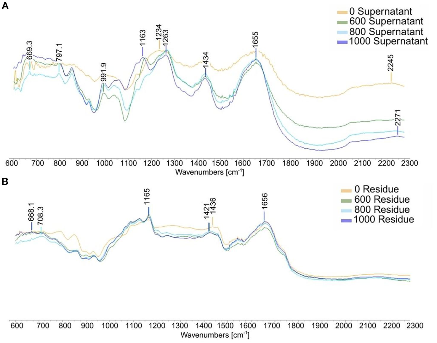 Spectral graphs with two panels labeled A and B. Panel A shows supernatant spectra with lines in different colors corresponding to 0, 600, 800, and 1000 supernatant. Peaks are labeled at specific wavenumbers. Panel B shows residue spectra with lines in different colors corresponding to 0, 600, 800, and 1000 residue. Peaks are labeled similarly. The x-axis represents wavenumbers, and each panel includes a legend.