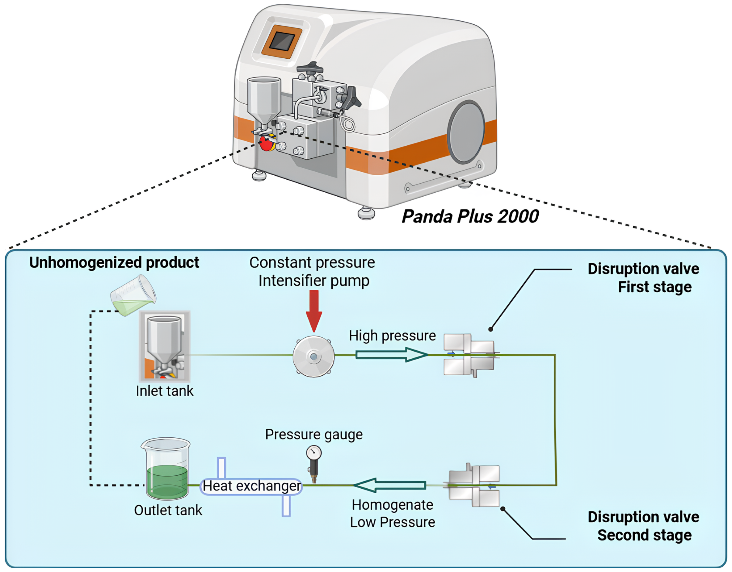 Diagram illustrating the Panda Plus 2000 homogenizer process. It shows the flow from an inlet tank to the intensifier pump, through a first-stage disruption valve, then a pressure gauge, followed by a heat exchanger. The second-stage disruption valve leads to the outlet tank, highlighting high and low-pressure stages.