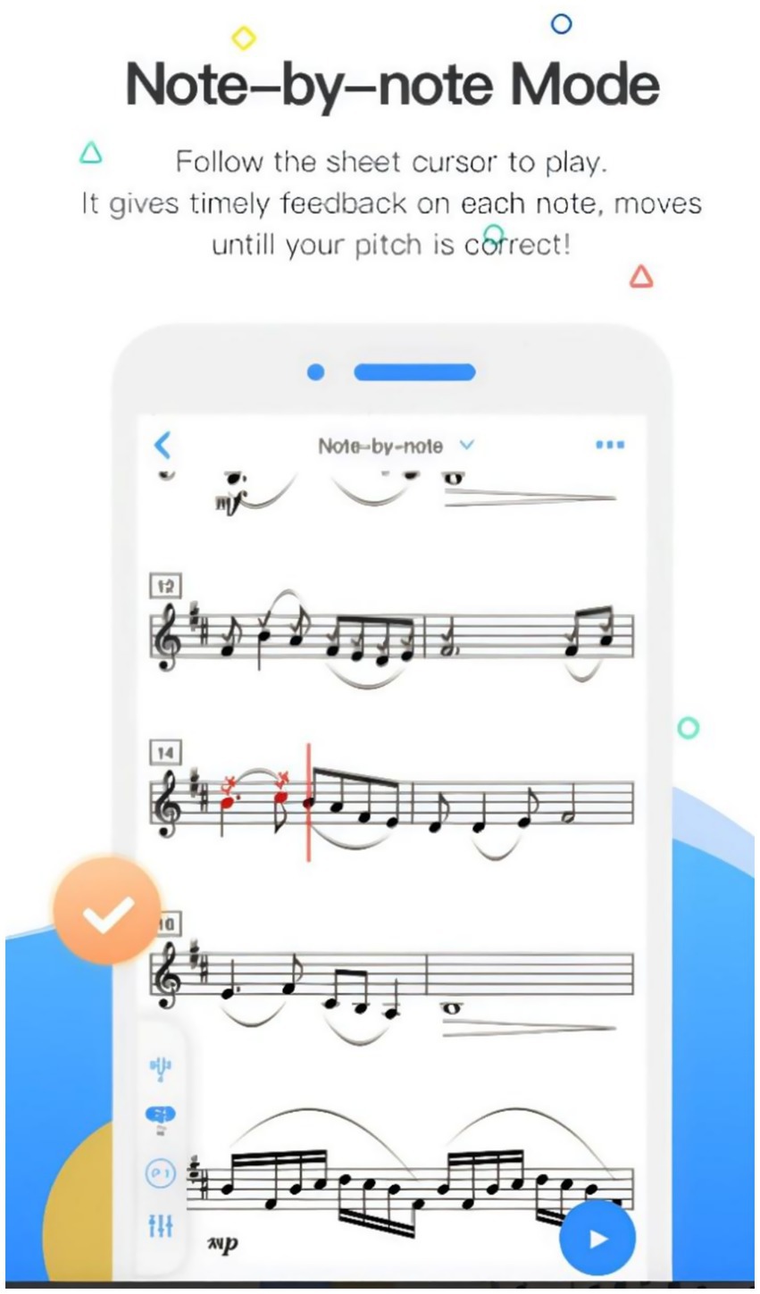 Note-by-note mode is displayed on a smartphone screen, showing musical notes with a red cursor indicating the position. Instructions say to follow the cursor for feedback on pitch accuracy. Colorful icons are featured at the top and bottom.