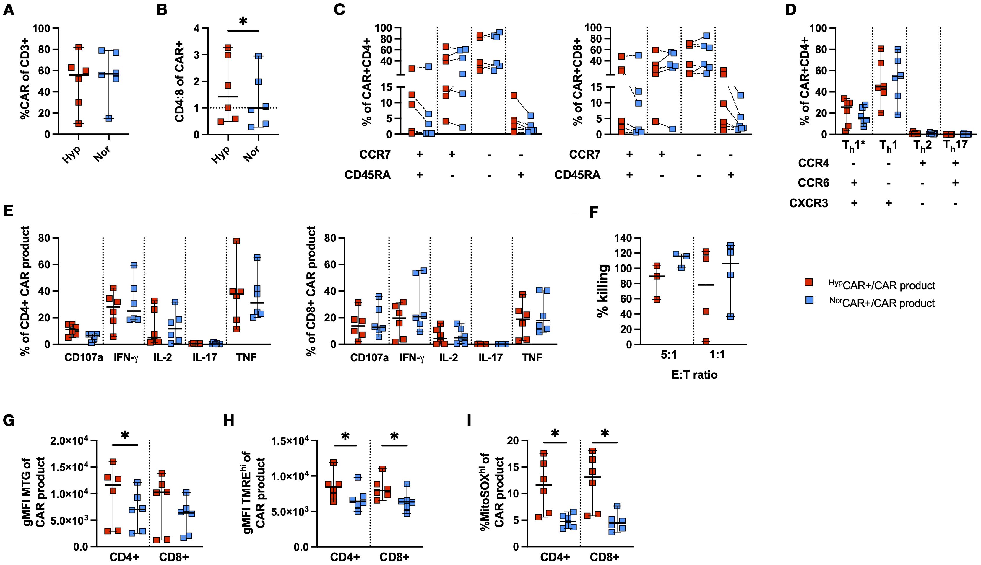 Graphs depicting the characterization of CAR T cells in different conditions. Panels A to I include various plots comparing HypCAR+/CAR and NorCAR+/CAR products. These show percentages and marker expressions such as CD4, CD8, CCR7, CD45RA, IFN-γ, IL-2, and TNF across different conditions, including effector cytokine production, killing percentages at different effector-to-target ratios, and expression levels of mitochondrial markers. Statistically significant differences are marked with an asterisk. Red and blue squares denote data points for the two CAR products.