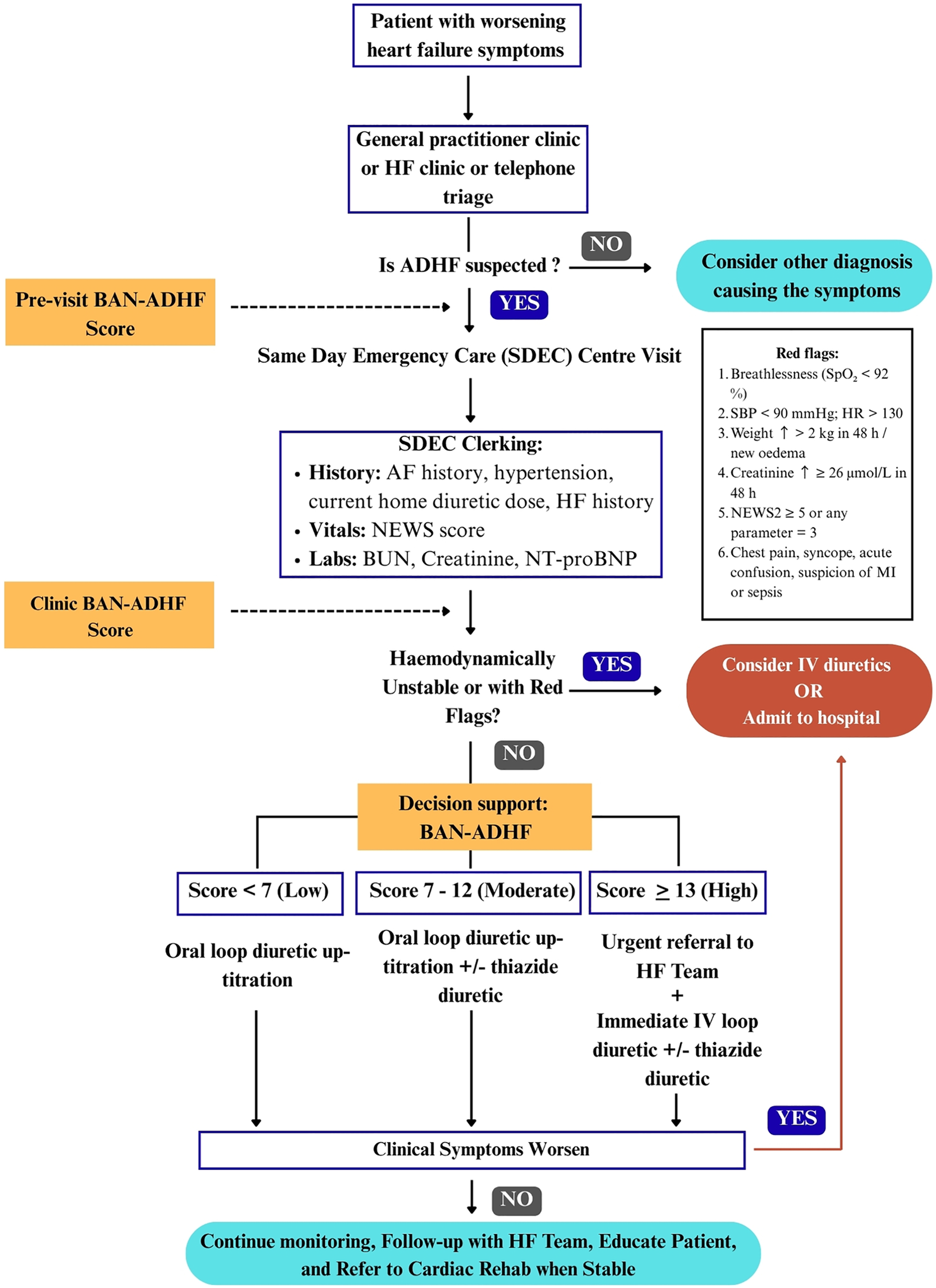 Flowchart outlining a clinical decision pathway for patients with worsening heart failure symptoms. After initial assessment in a general practitioner clinic, heart failure clinic, or via telephone triage, acute decompensated heart failure (ADHF) is either suspected or alternative diagnoses are considered. If ADHF is suspected, patients undergo same day emergency care clerking, including history, vitals, and lab tests. Hemodynamically unstable patients or those with red flags are referred for intravenous diuretics or hospital admission. Stable patients are stratified using the BAN-ADHF score: low (<7) leads to modest oral diuretic up-titration, moderate (7 -12) to oral with or without thiazide adjustment, and high (≥13) to urgent referral with IV diuretics. Patients are monitored, referred to cardiac rehab, and followed up once stable.