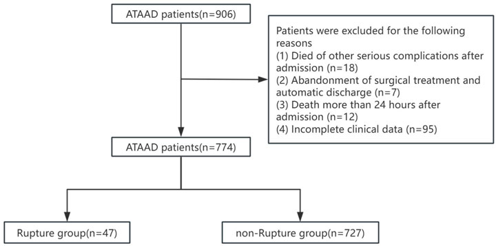 Flowchart of ATAAD patients showing exclusion criteria. Initial number is 906; 132 were excluded due to death from complications (18), treatment abandonment (7), late death (12), and incomplete data (95), leaving 774 patients. These were categorized into rupture group (47) and non-rupture group (727).
