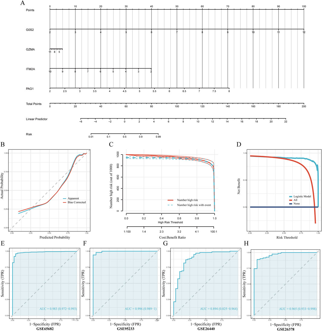 Panel A shows a nomogram with points for GOS2, GZMA, ITM2A, and PAG1, leading to a total point score and risk prediction. Panel B presents a calibration curve comparing predicted and actual probabilities. Panel C is a decision curve showing the number of high-risk cases against the high-risk threshold. Panel D displays a net benefit curve for logistic models and alternatives. Panels E to H show ROC curves with AUC values indicating model performance across different datasets, demonstrating high predictive accuracy.