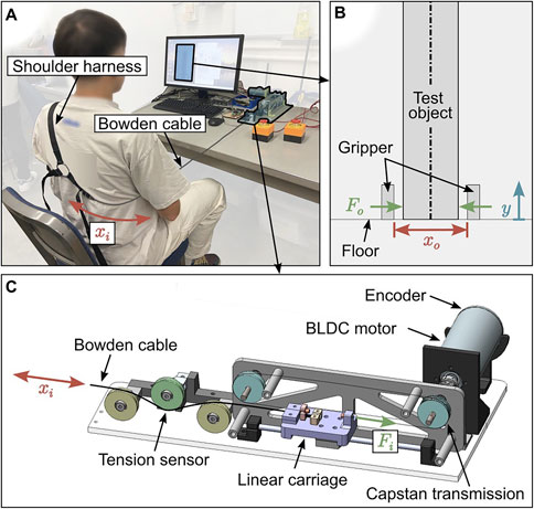 Diagram illustrating a setup for a mechanical system. Panel A shows a person wearing a shoulder harness connected to a Bowden cable, seated at a desk with electronic equipment. Panel B depicts a virtual environment with a test object supported by a disappearing floor, with labeled forces and dimensions. Panel C details the mechanical components, including a BLDC motor, capstan transmission, tension sensor, and Bowden cable.