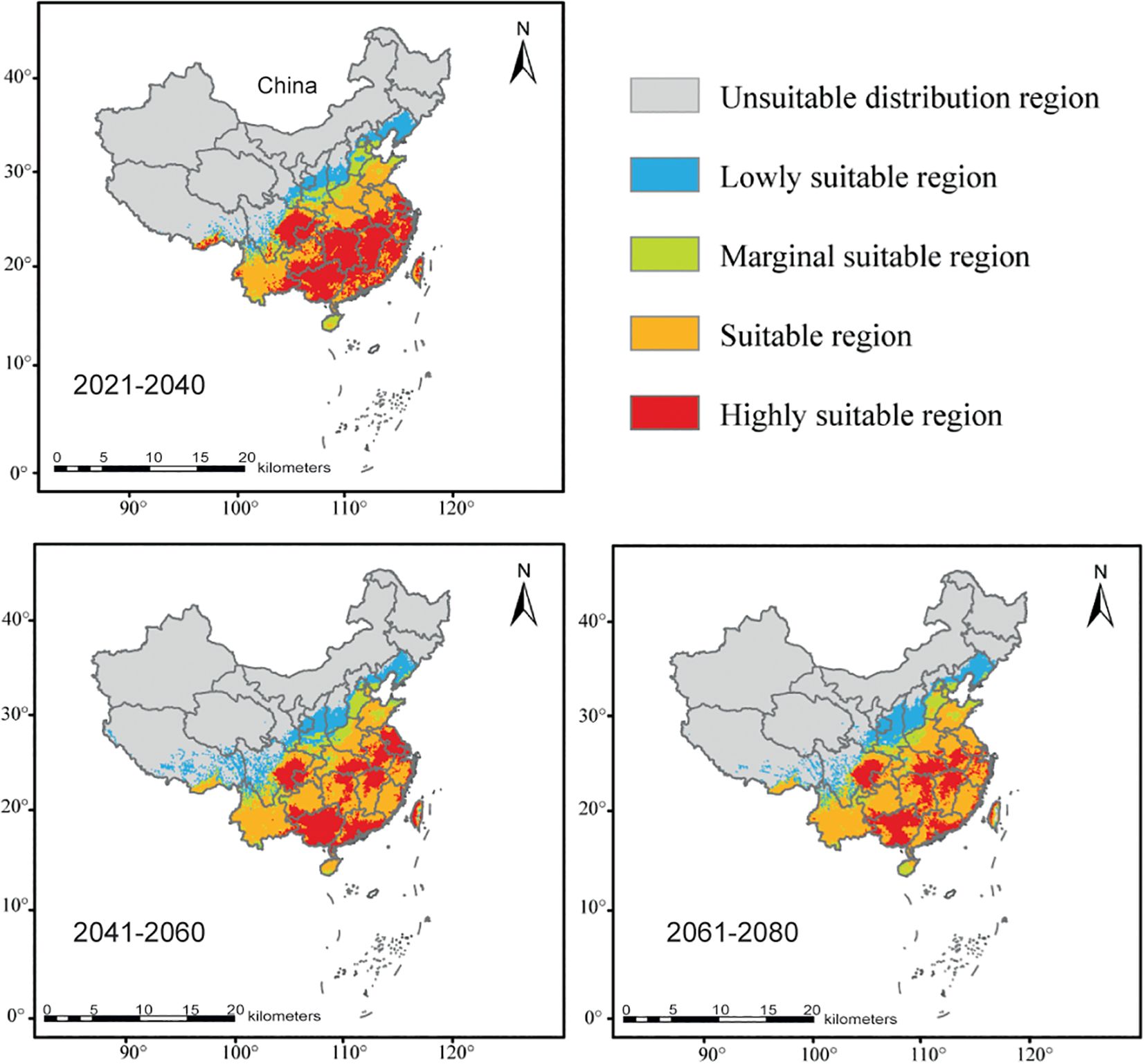 Maps showing the distribution of suitable regions for a species in China across three time periods: 2021-2040, 2041-2060, and 2061-2080. Regions are color-coded as unsuitable (gray), lowly suitable (blue), marginally suitable (green), suitable (orange), and highly suitable (red). The maps indicate an increase in highly suitable regions over time, particularly in southern and eastern China.