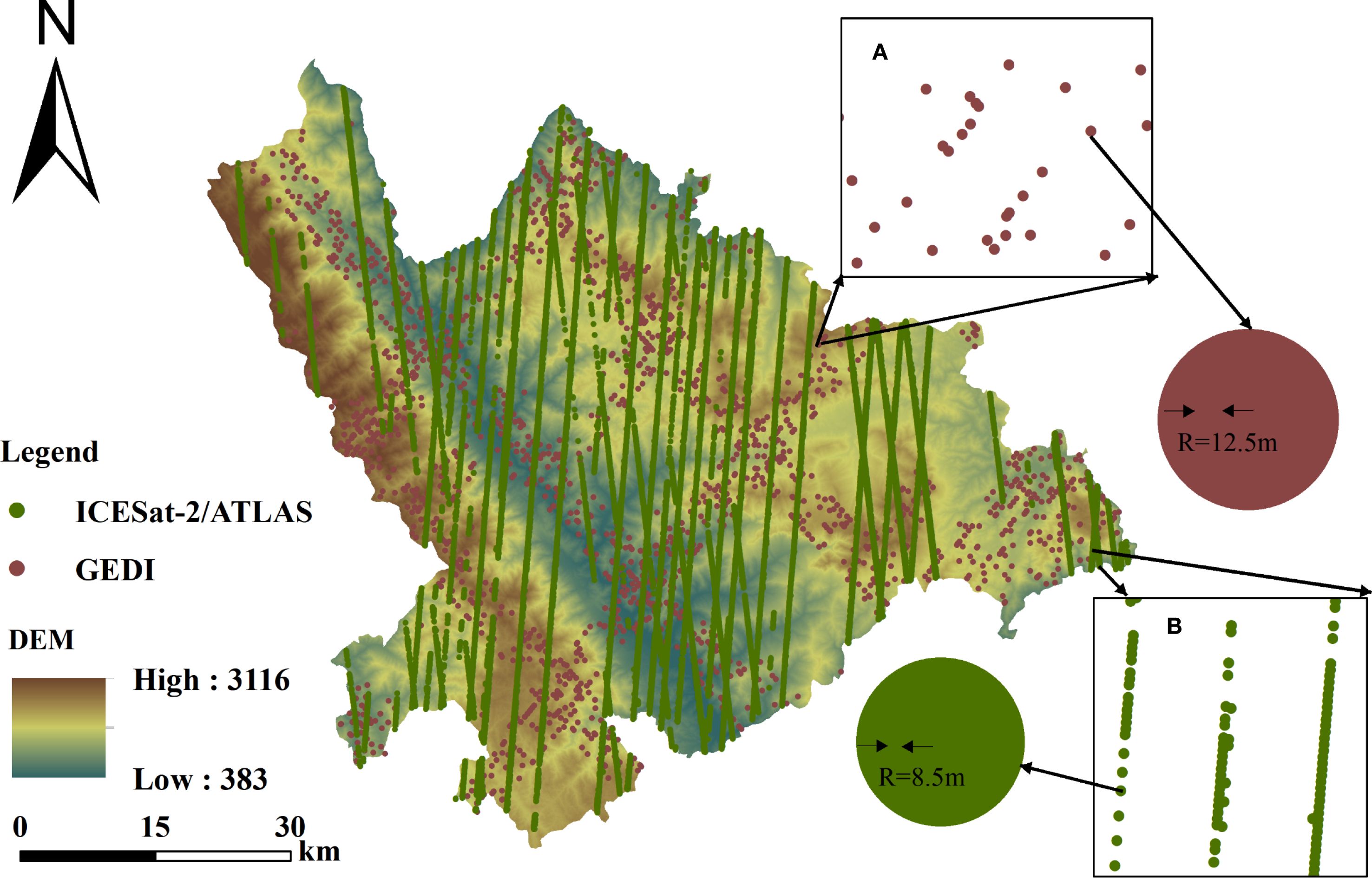 Map illustrating the distribution of ICESat-2/ATLAS and GEDI data points across a geographic area. Green lines mark ICESat-2/ATLAS locations, while red dots indicate GEDI sites. Insets A and B provide enlarged views of GEDI and ICESat-2/ATLAS data density, respectively. A legend clarifies data and DEM elevation ranges from three hundred eighty-three to three thousand one hundred sixteen meters. The scale bar shows distances from zero to thirty kilometers.