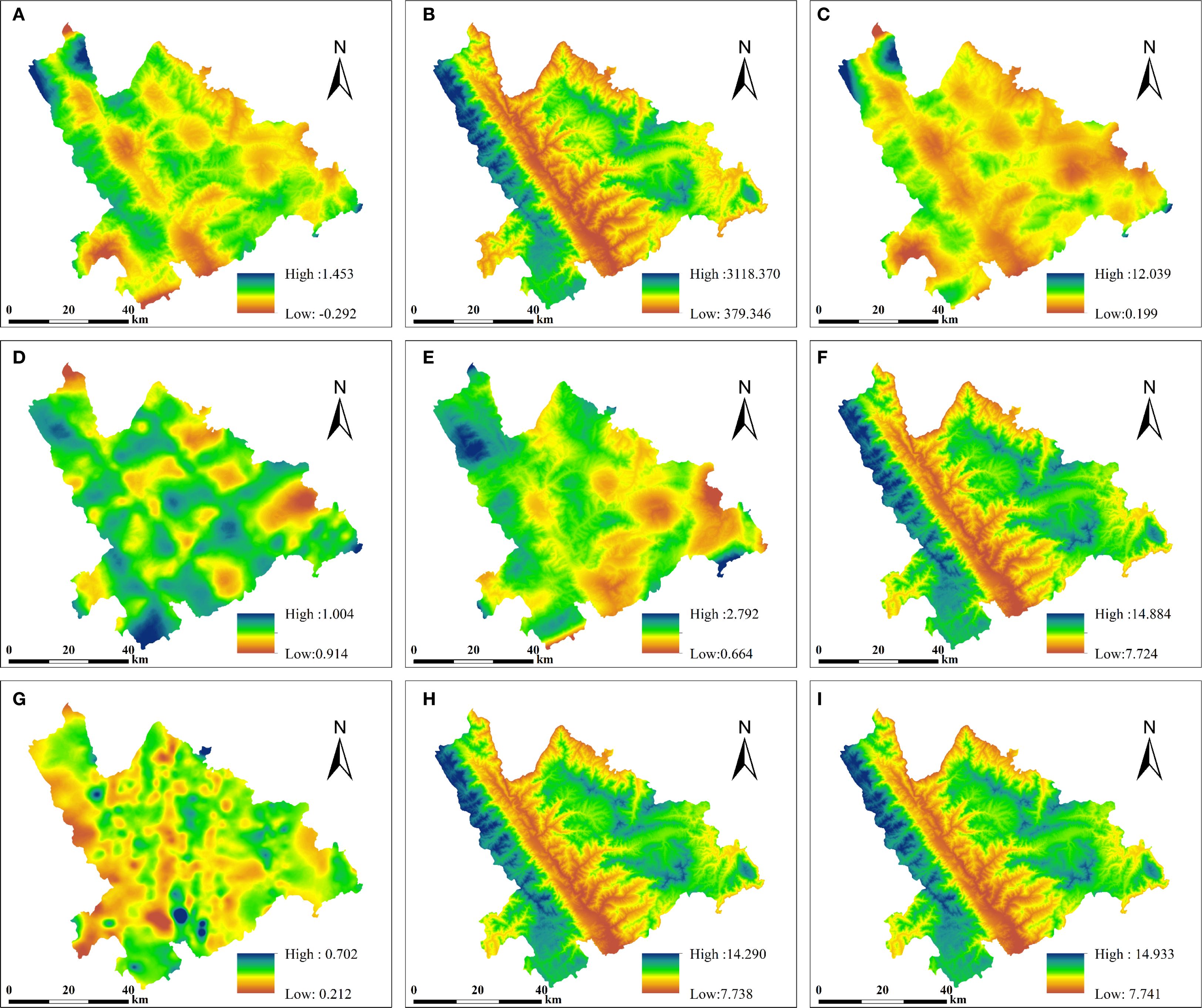Nine heat map images labeled A to I display various topographical features, using a color gradient from blue (low elevation) to red (high elevation). Each map has a north arrow and a scale bar. The elevation ranges vary for each image, indicating different regions or criteria.