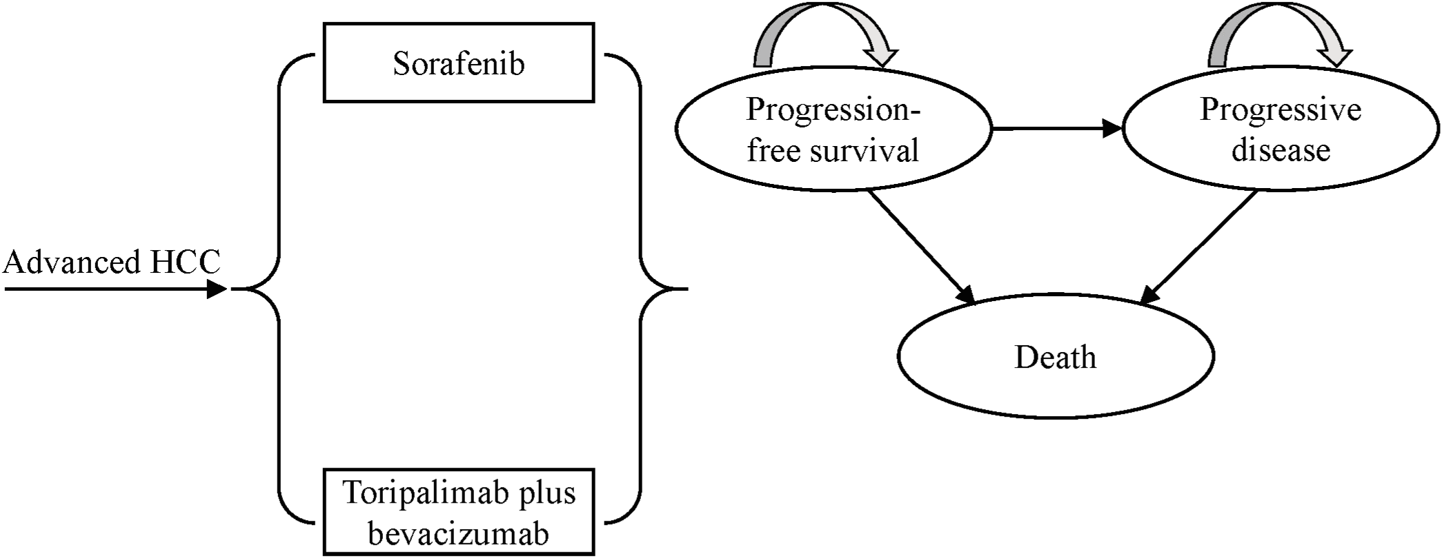 Flowchart showing treatment pathways for advanced hepatocellular carcinoma (HCC). Starts with sorafenib or toripalimab plus bevacizumab, leading to progression-free survival or progressive disease, both culminating in death. Arrows indicate progression between states.