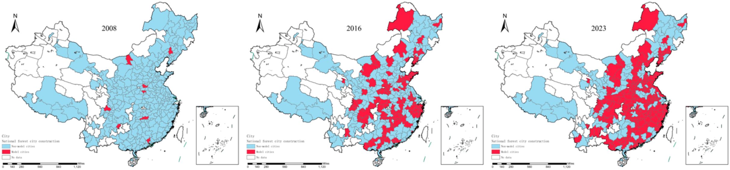 Three maps of China from 2008, 2016, and 2023 show the progression of “National Forest City” construction. In 2008, few areas are marked as model cities in red. By 2016, there is a significant increase in red areas. By 2023, most regions are red, indicating extensive development of model cities. Blue areas represent non-model cities, and grey indicates no data. A scale bar and compass are included.